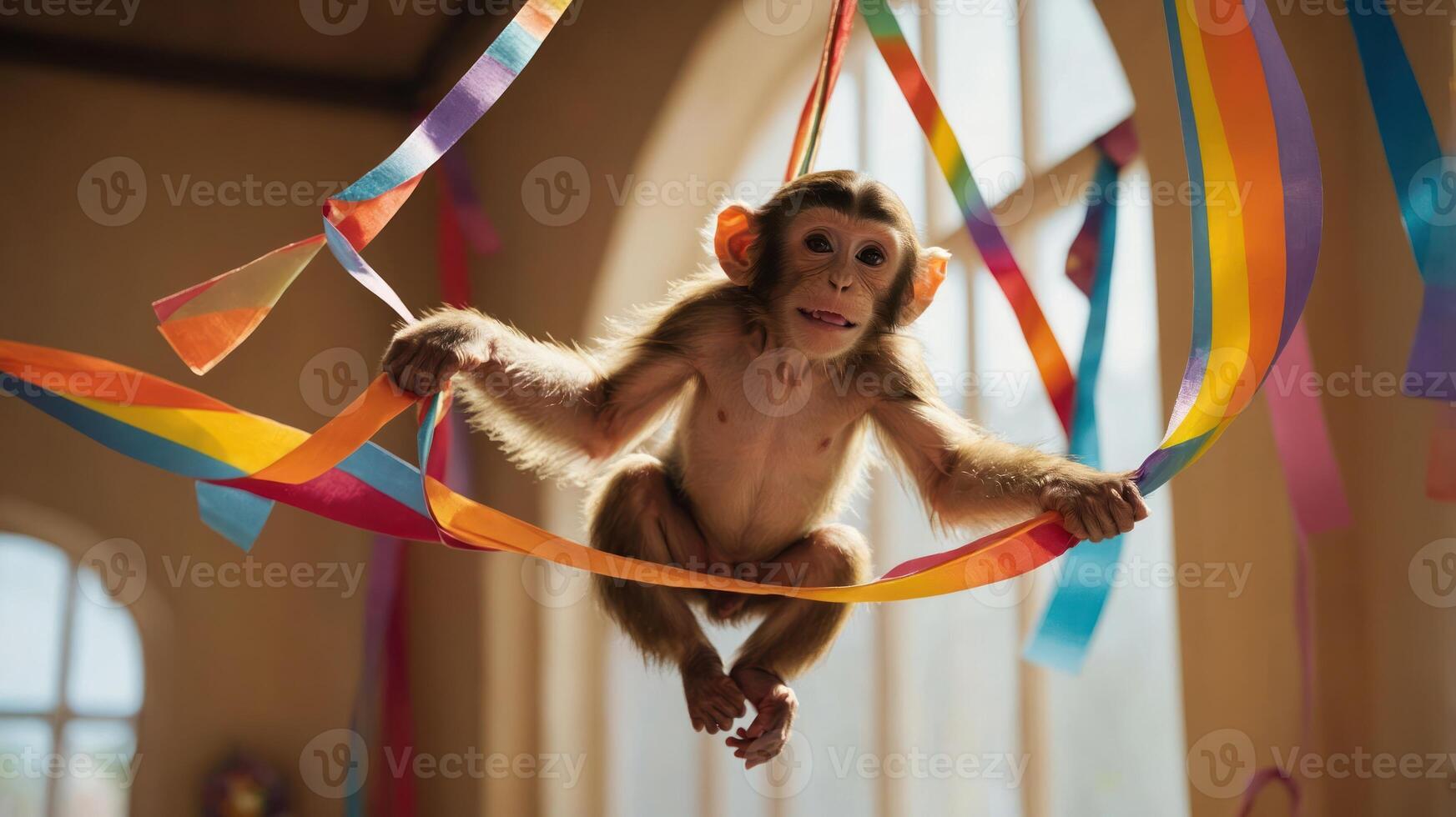A playful monkey hangs from colorful ribbons in a festive indoor setting. photo
