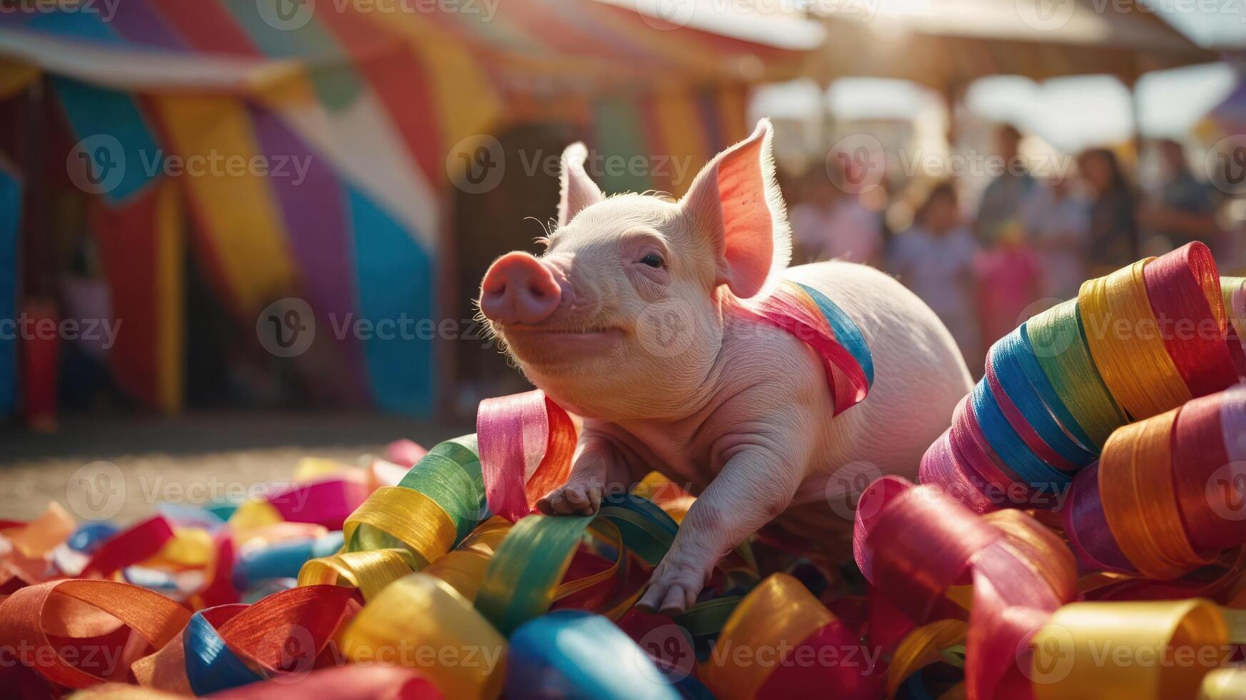 A playful pig sits on colorful ribbons at a festive outdoor event. photo