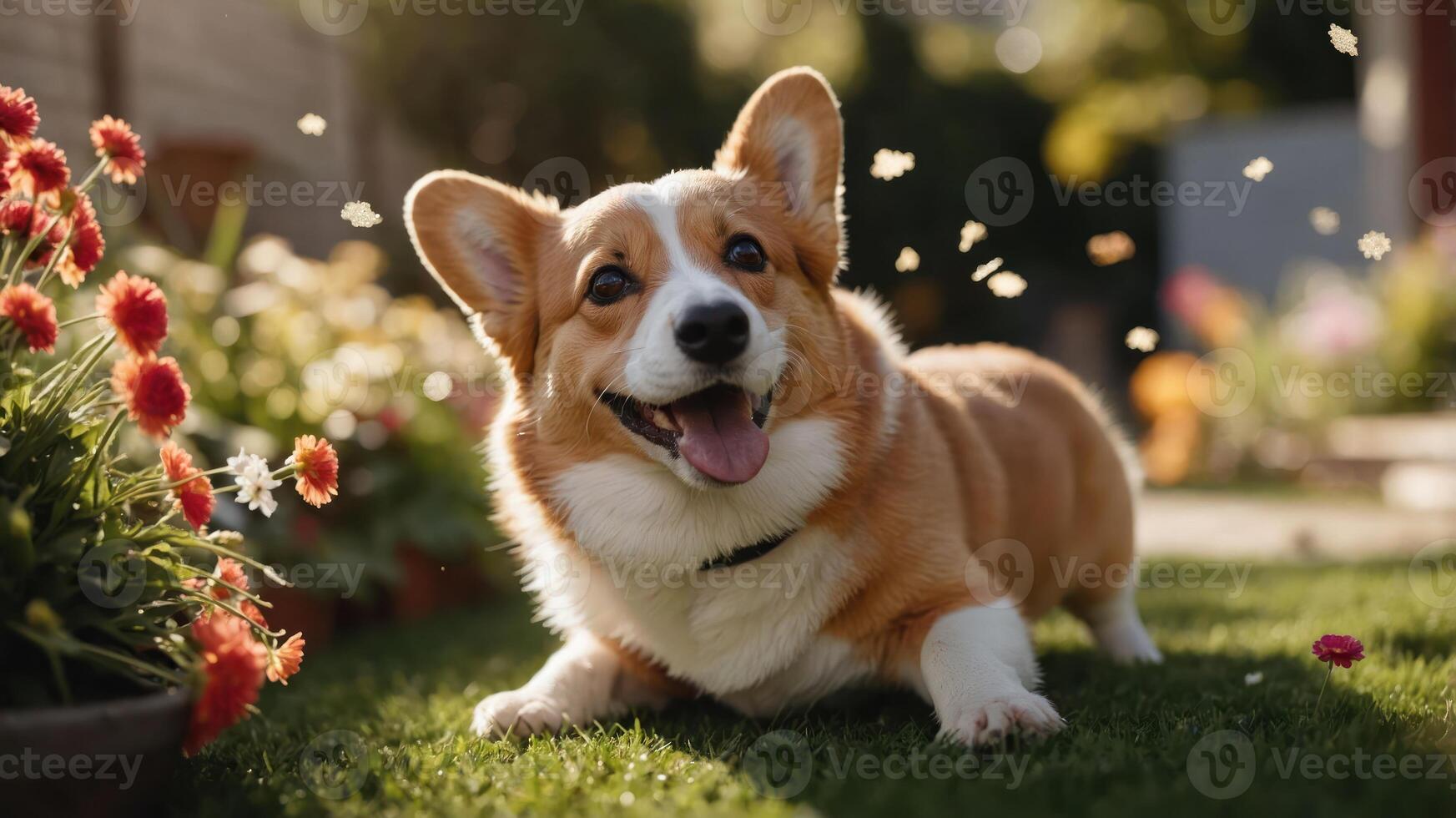 A happy corgi lying on grass surrounded by flowers, enjoying a sunny day. photo