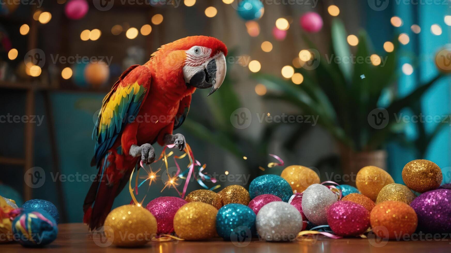 A vibrant parrot amidst colorful festive decorations and sparkling confetti. photo