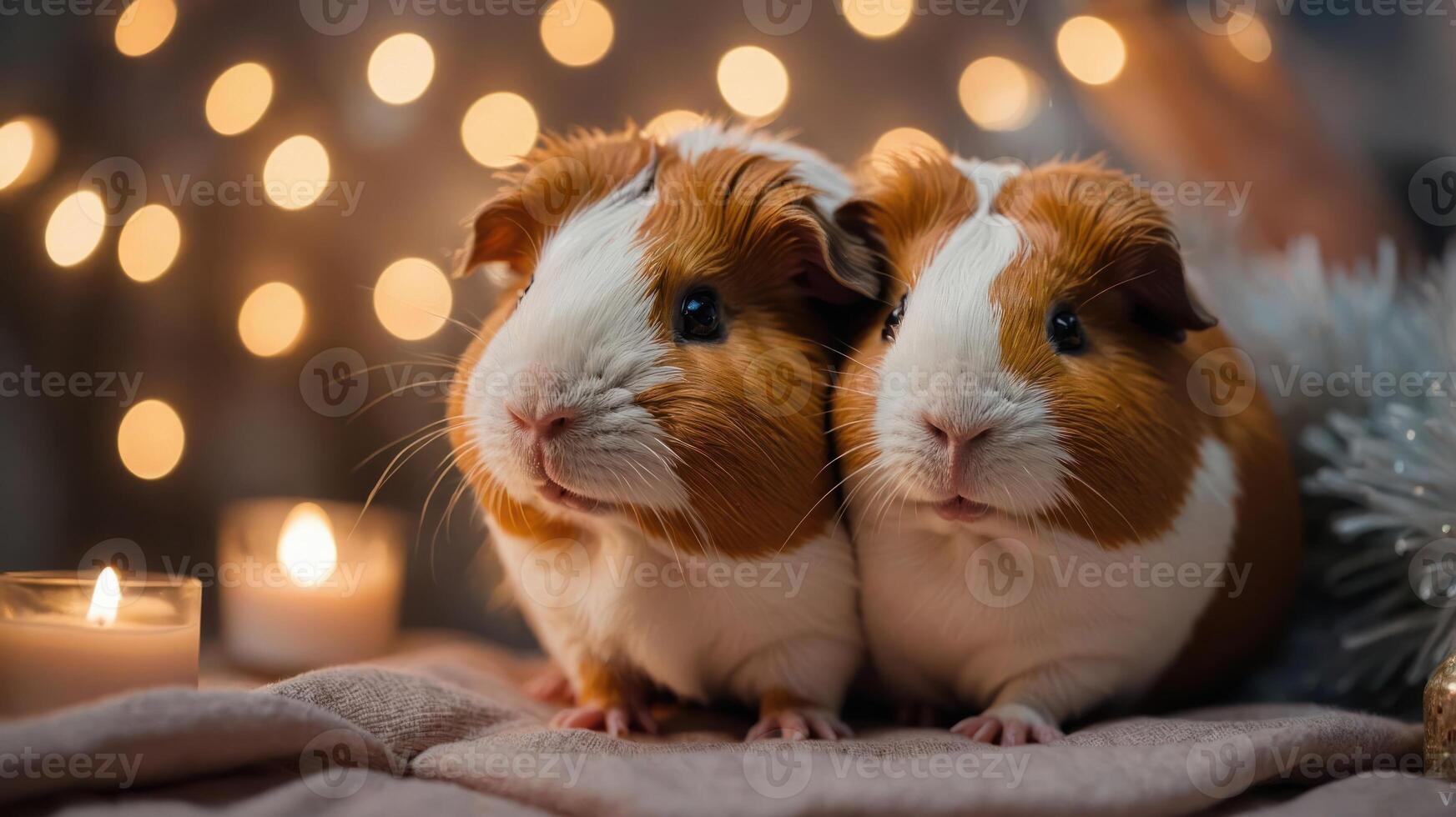 Two adorable guinea pigs sit together in a cozy setting with soft lights and candles. photo