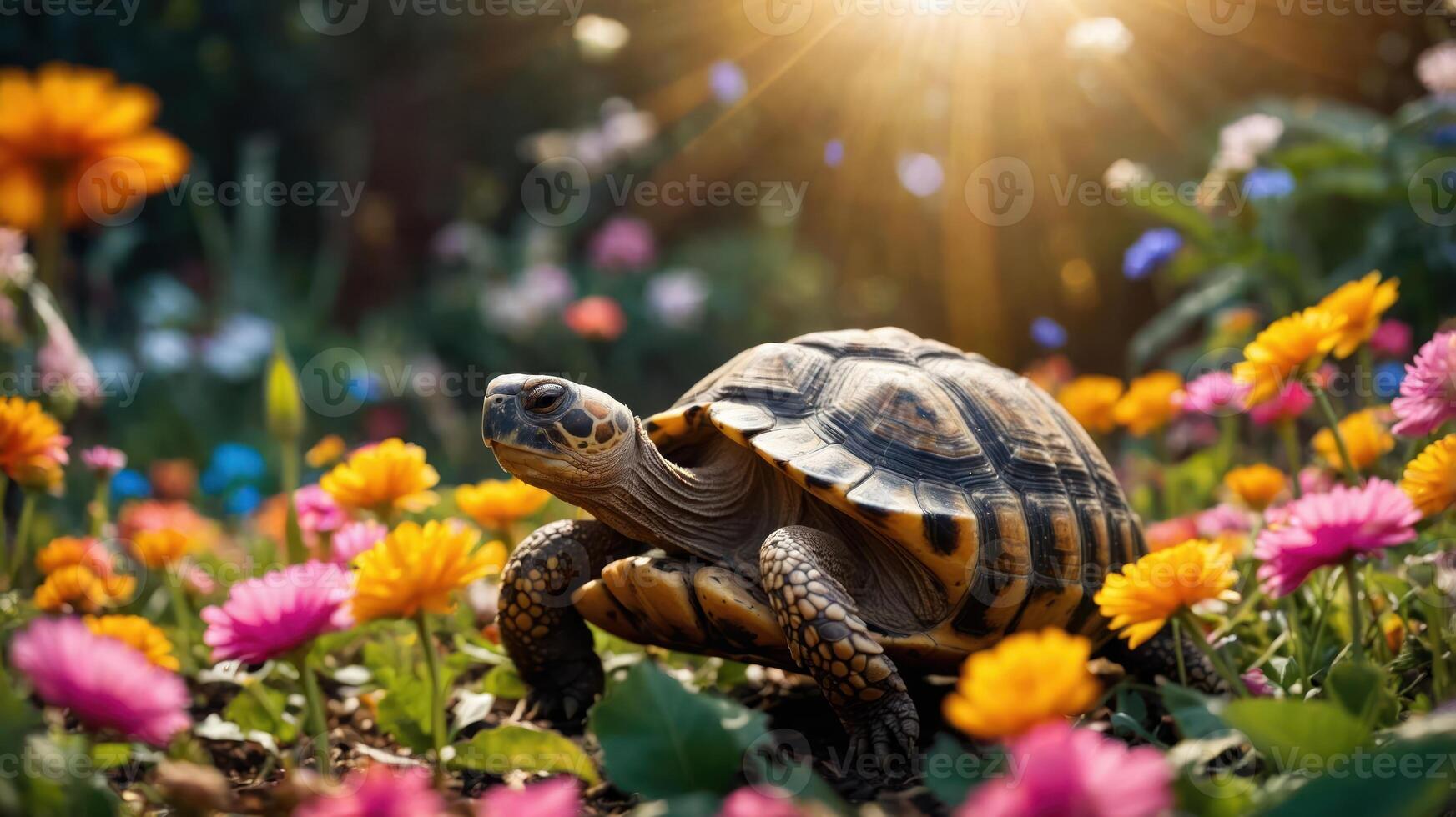 A tortoise navigating through a vibrant flower garden under a warm sunlight. photo
