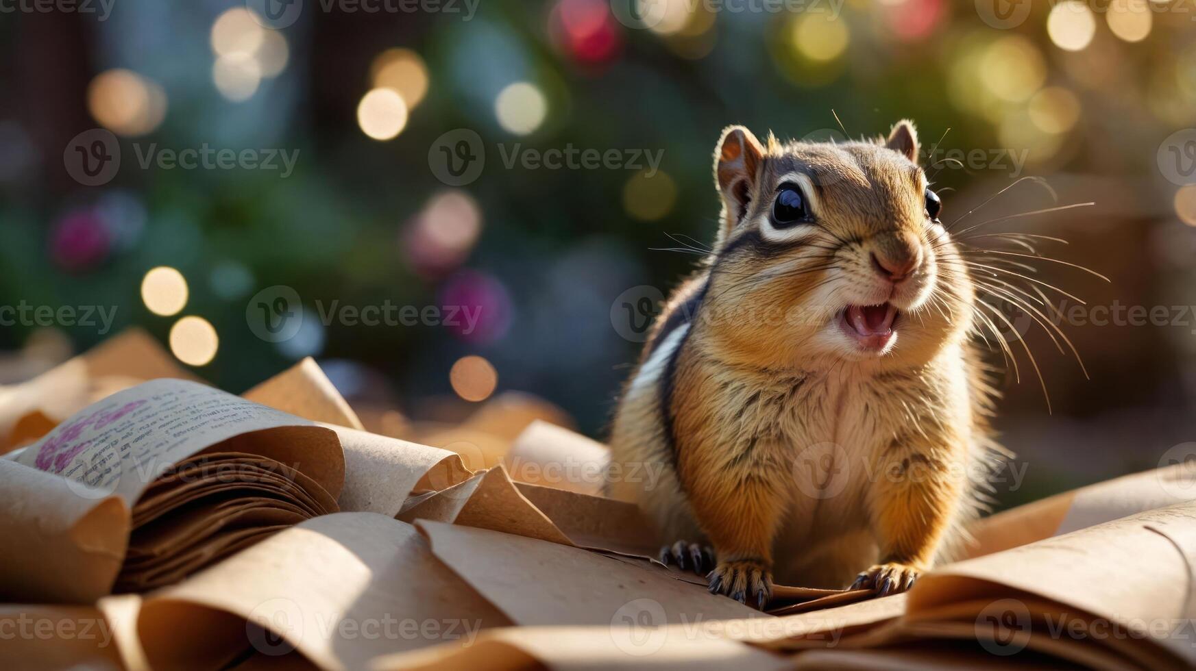 A cute chipmunk sits on paper with a blurred background of lights and greenery. photo