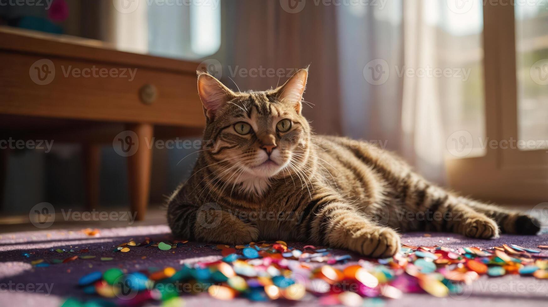 A relaxed tabby cat lounging on a colorful carpet scattered with confetti. photo