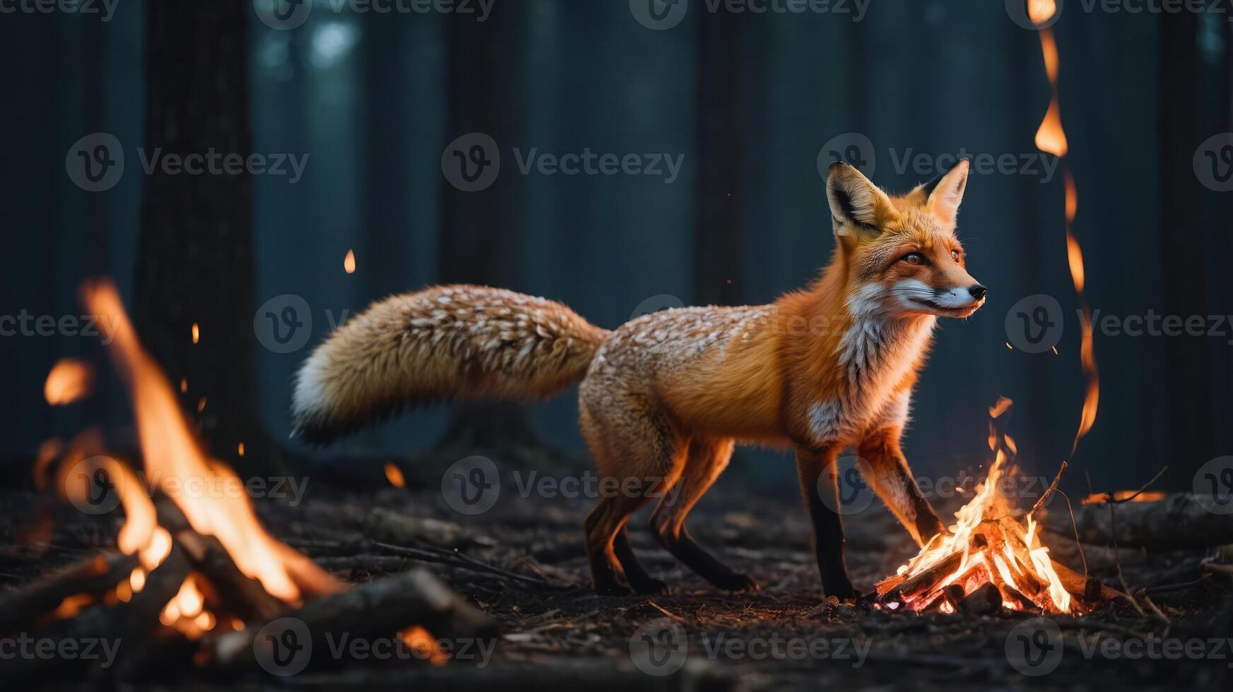 A fox stands near a campfire in a misty forest, creating a serene and magical atmosphere. photo