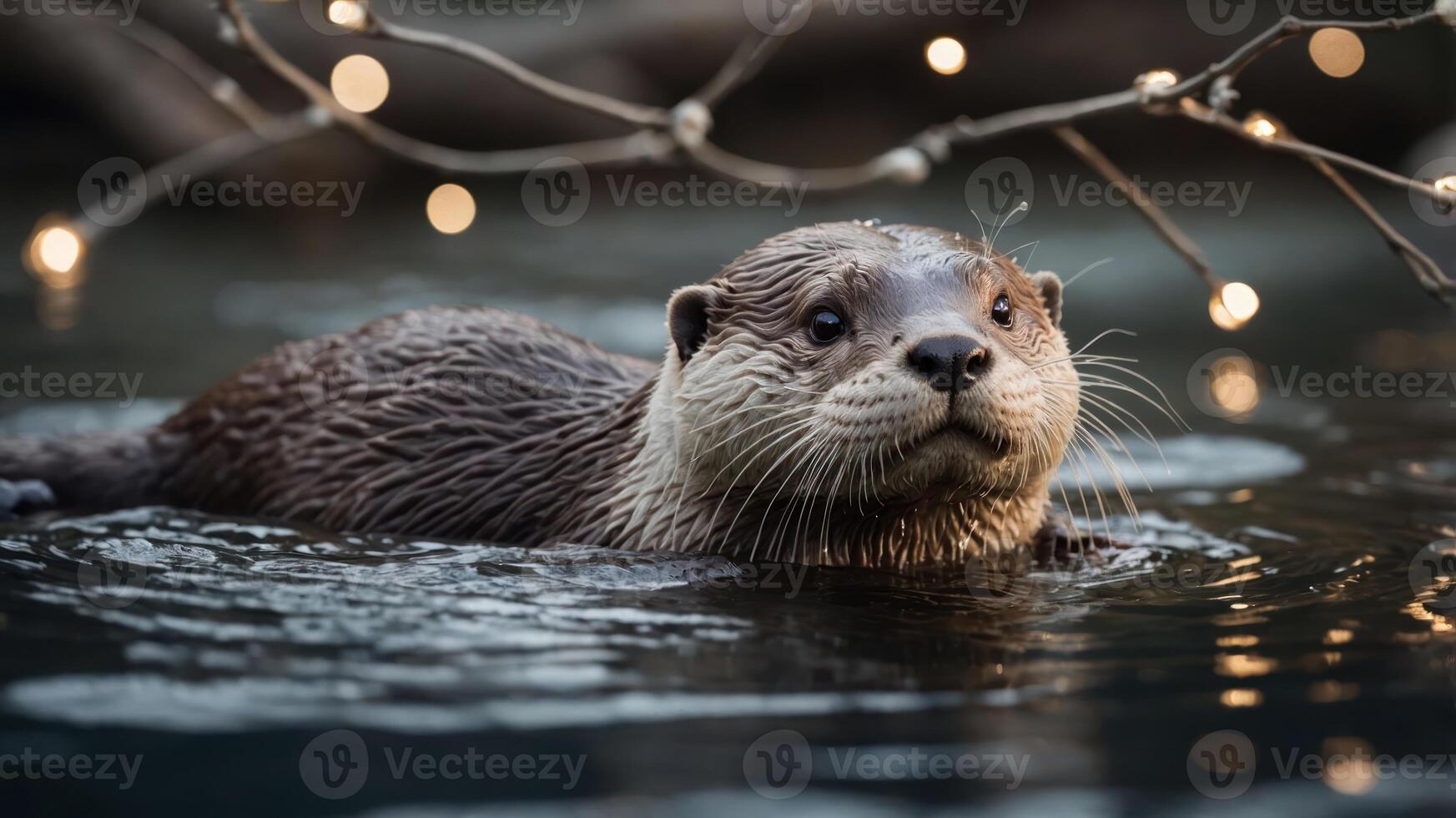 An otter swimming in water, illuminated by soft, glowing lights above. photo