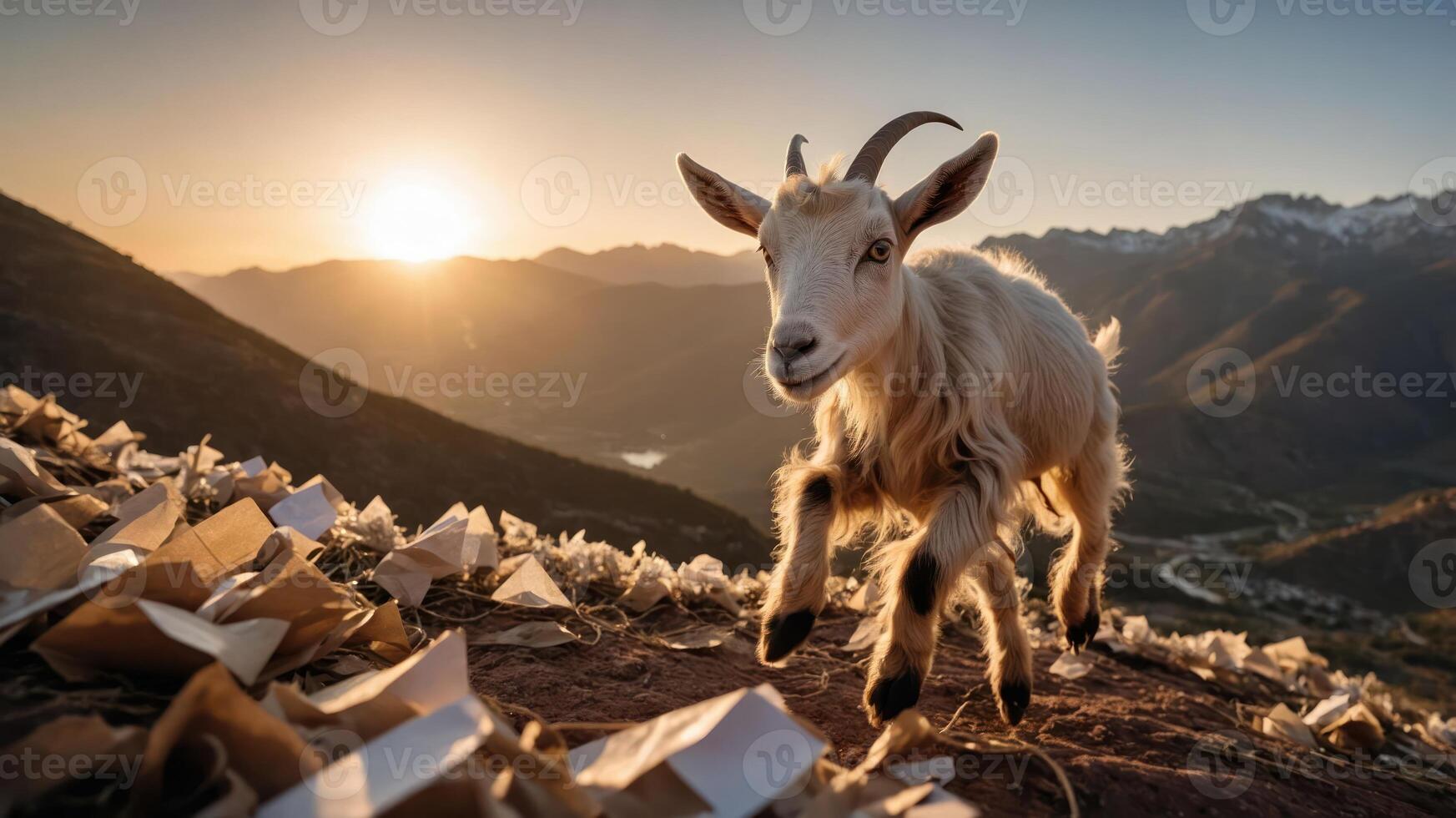 A playful goat leaps over debris at sunset in a mountainous landscape. photo