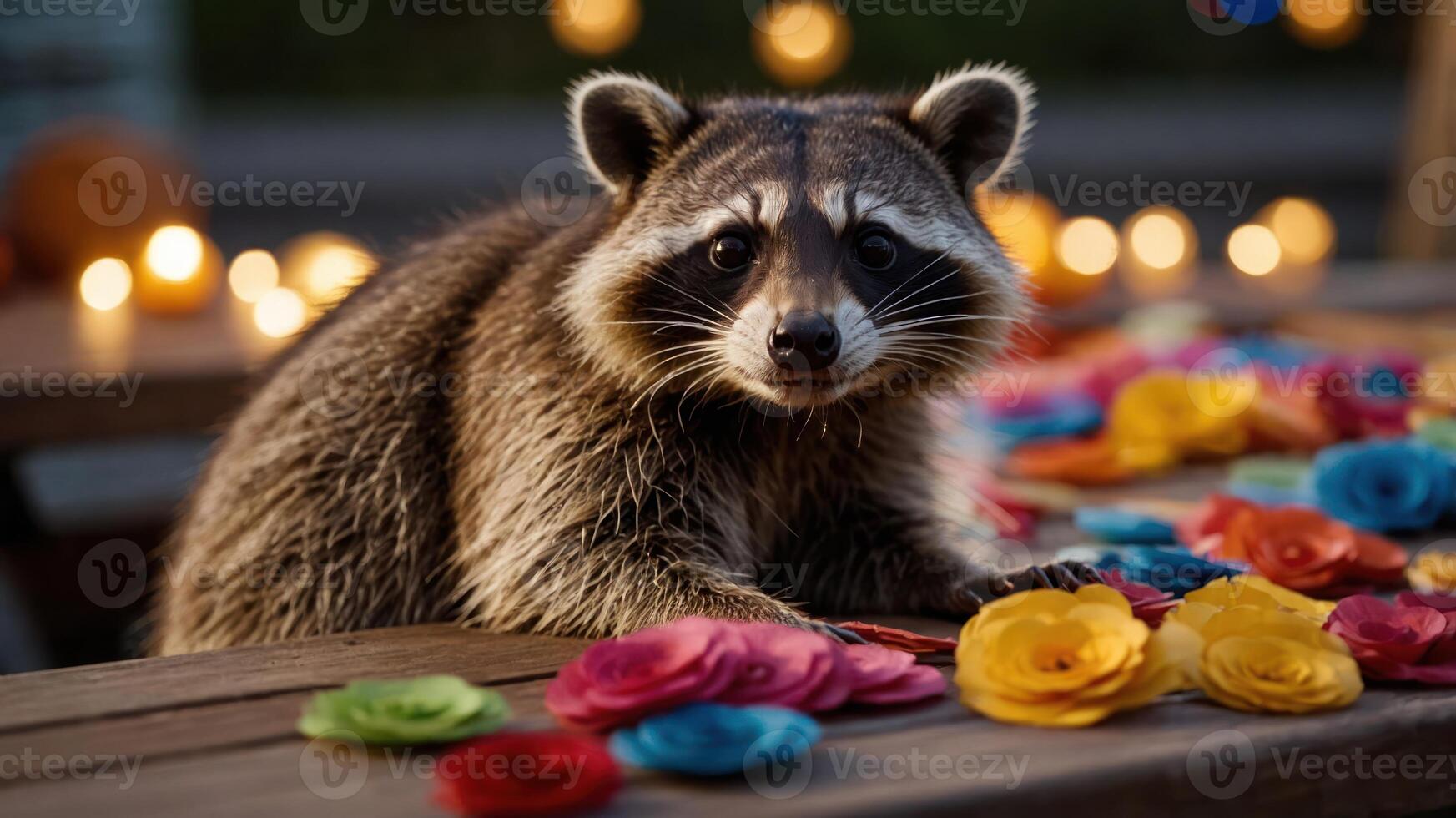 A raccoon curiously examines colorful flowers on a table, surrounded by soft glowing lights. photo