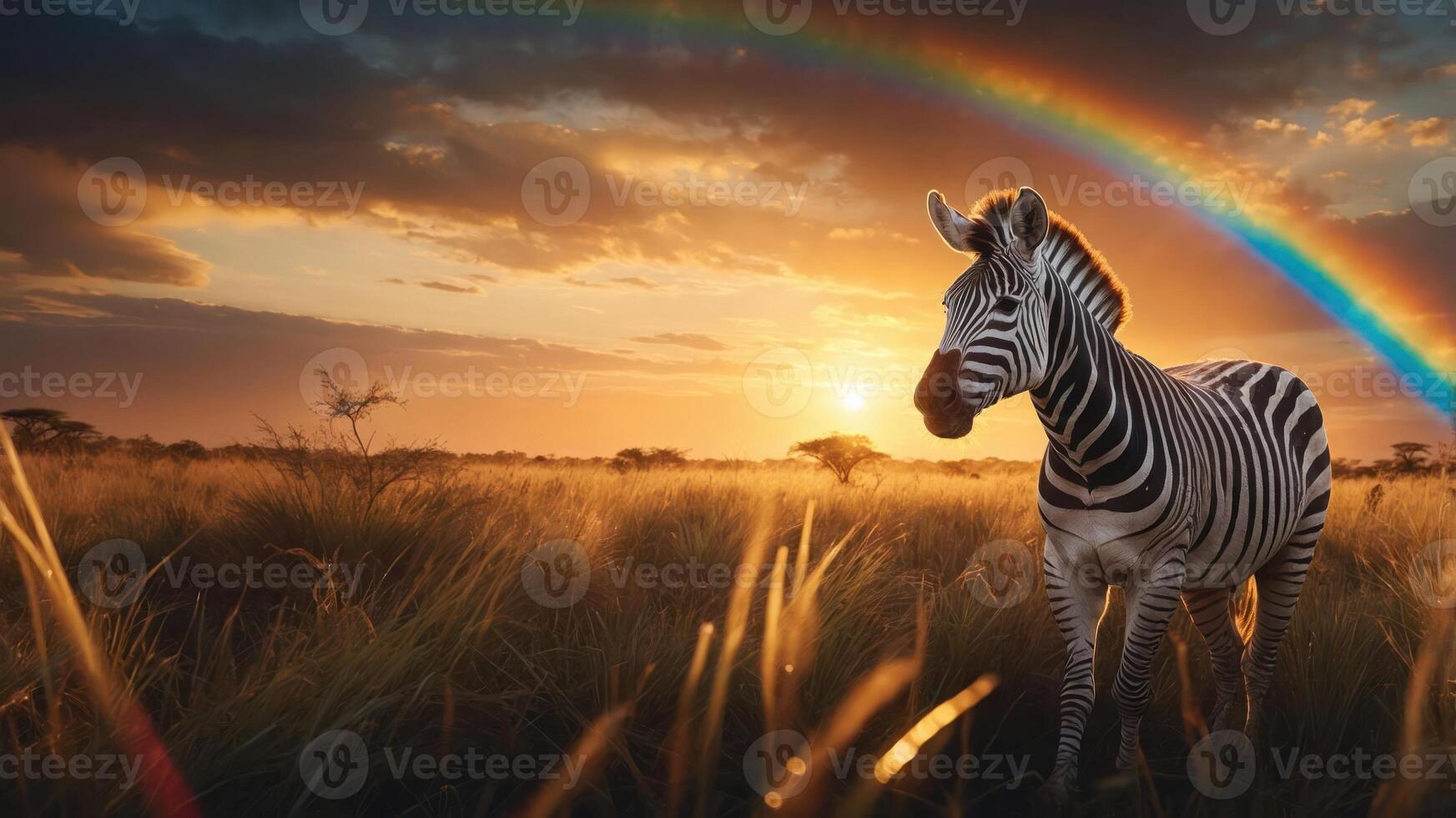 A zebra stands in a golden landscape under a rainbow at sunset. photo