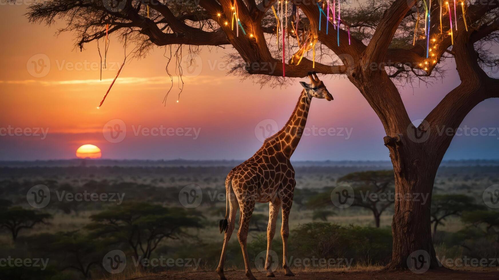 A serene sunset scene featuring a giraffe near a decorated tree in a tranquil landscape. photo