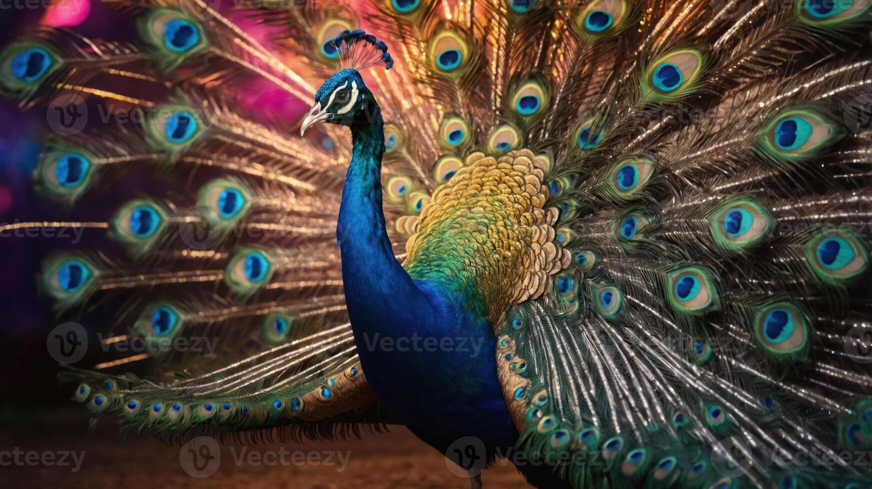 A vibrant peacock displaying its colorful plumage in a striking pose. photo
