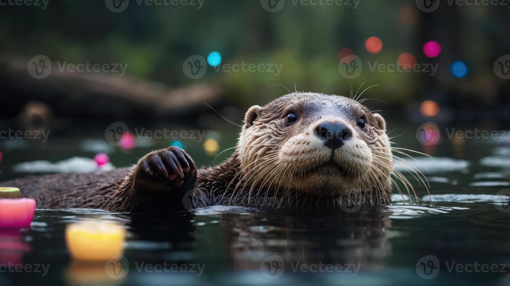 A playful otter floats in a serene water setting surrounded by colorful objects. photo