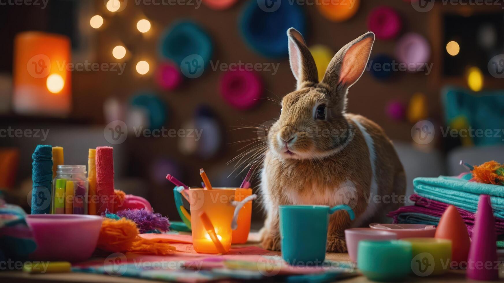 A rabbit surrounded by colorful craft supplies in a cozy, creative space. photo