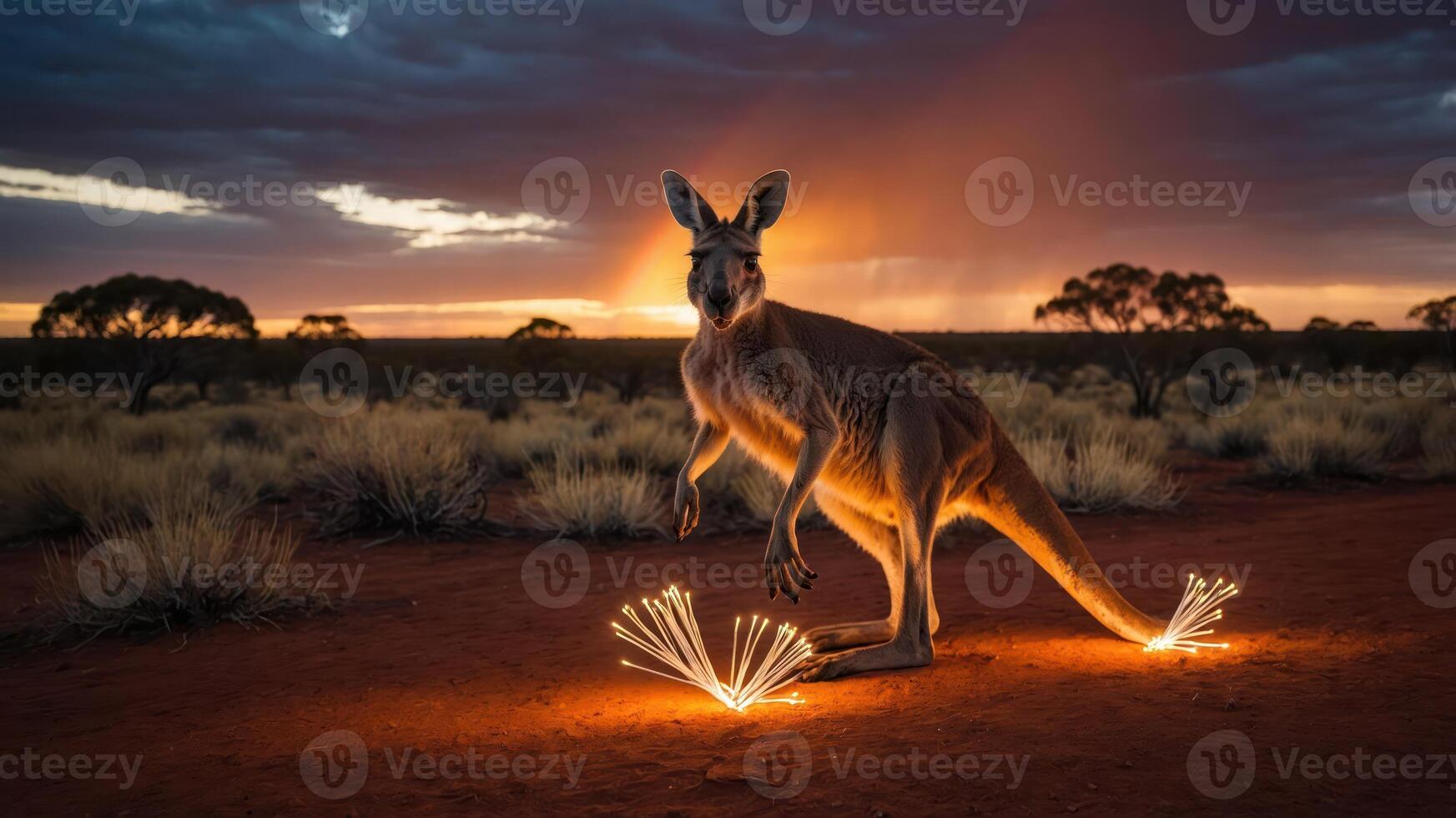A kangaroo stands on a dirt path, illuminated by sparks against a dramatic sunset backdrop. photo