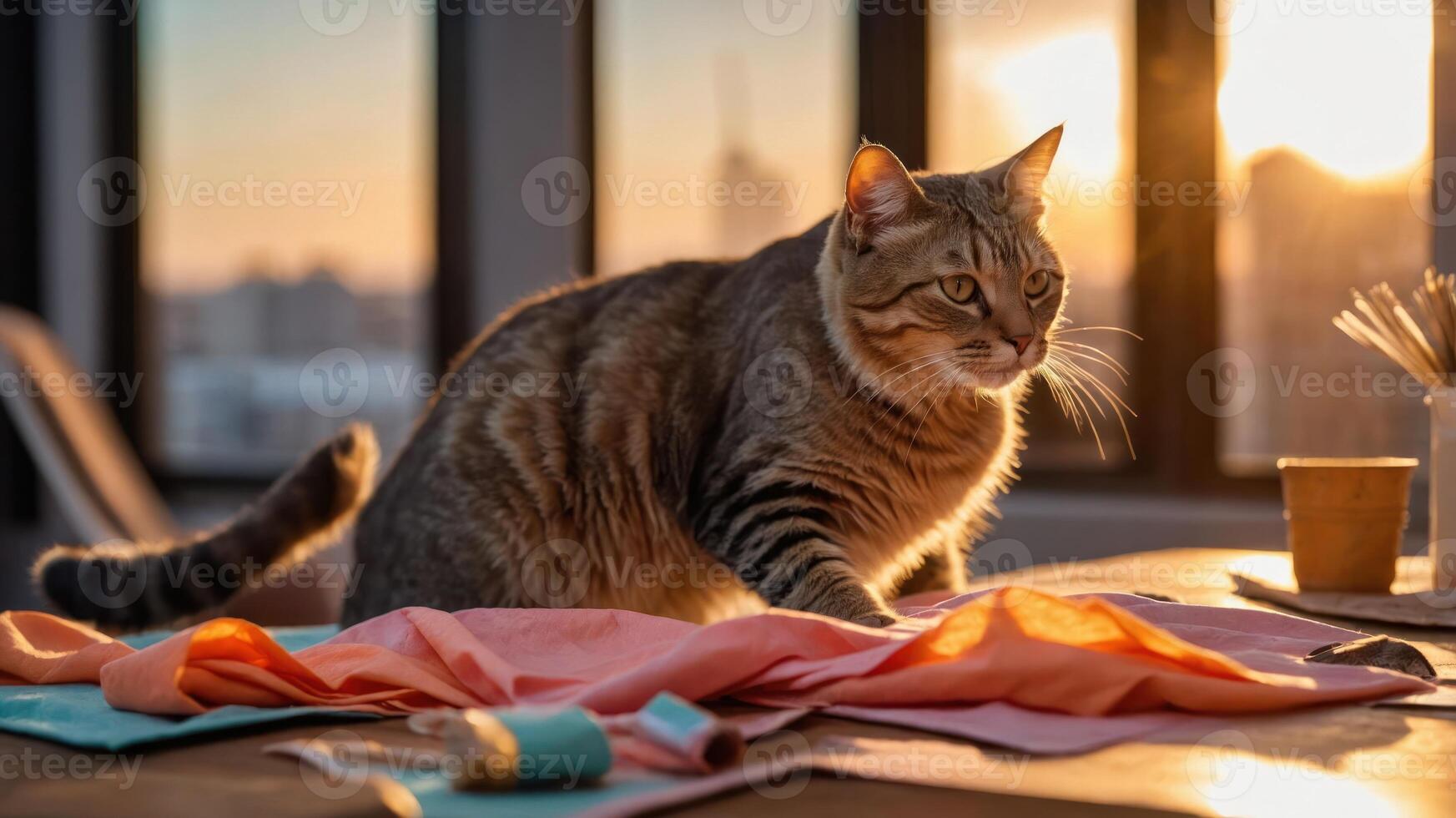 A cat explores a colorful fabric setup in a sunlit workspace. photo