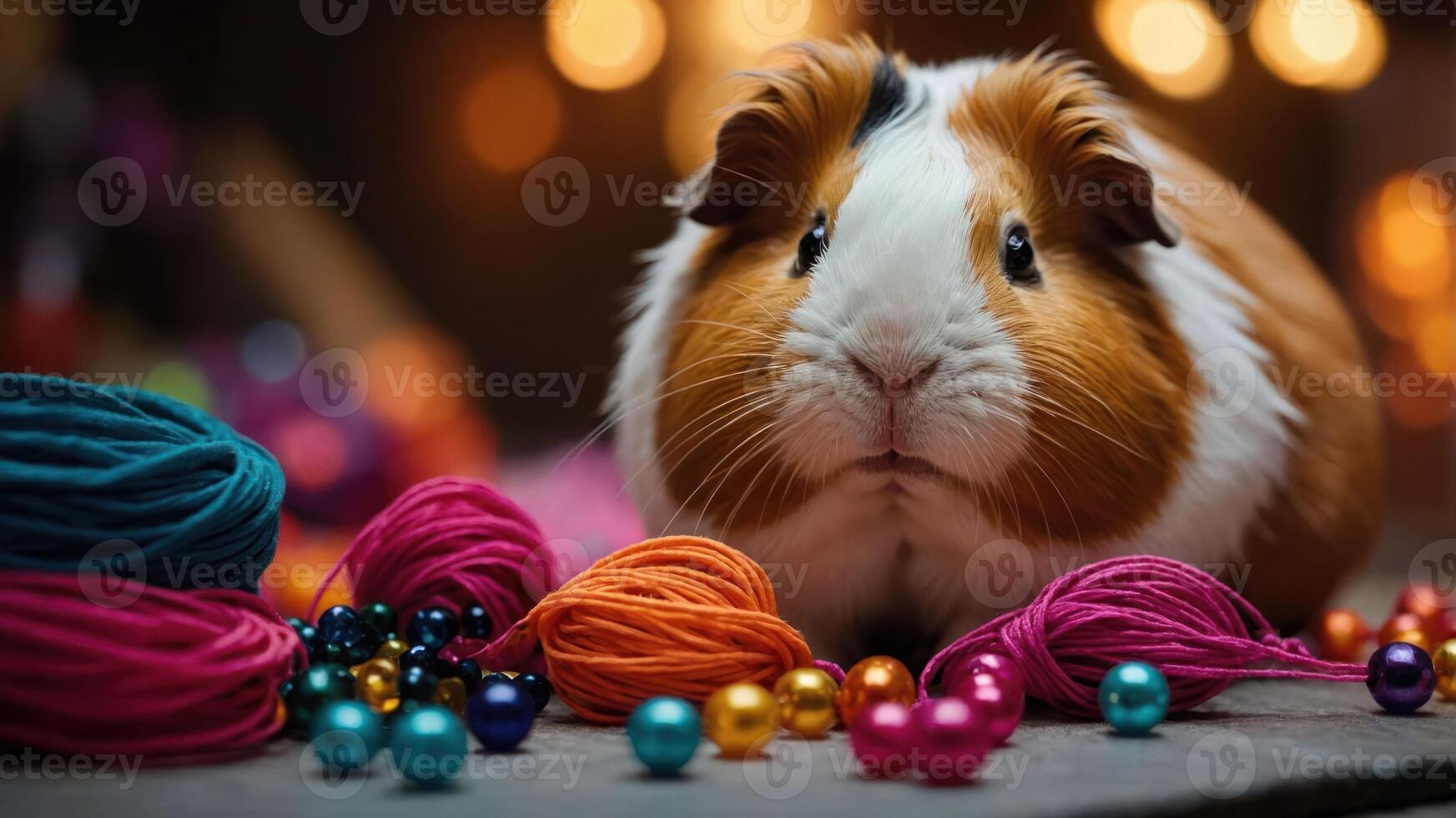 A guinea pig surrounded by colorful yarn and decorative beads, creating a playful scene. photo