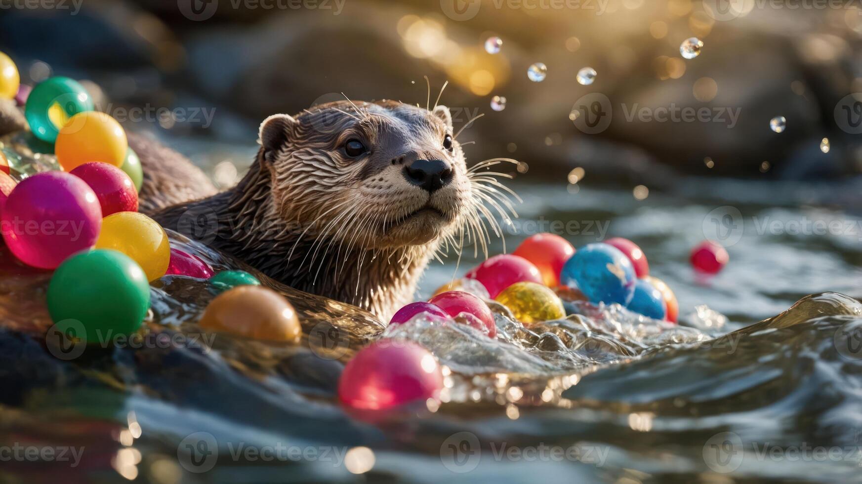 An otter playing in water surrounded by colorful balls, creating a playful scene. photo