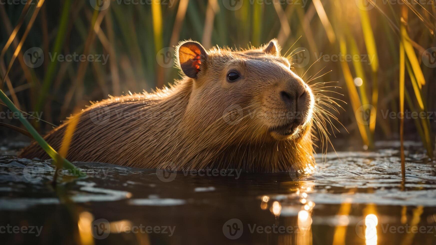 A capybara emerges from water surrounded by tall grass during sunset. photo