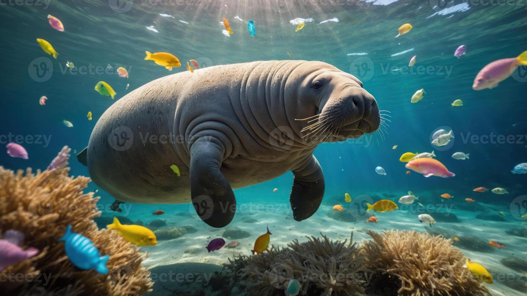 A serene underwater scene featuring a manatee surrounded by colorful fish and coral. photo