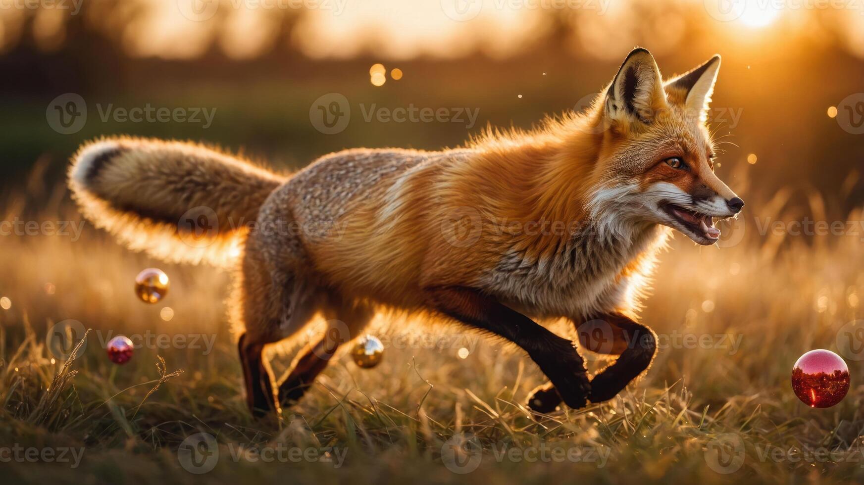 A playful fox running through a field during sunset, surrounded by colorful ornaments. photo