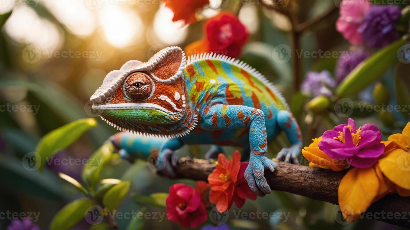 A colorful chameleon perched on a branch surrounded by vibrant flowers in a natural setting. photo