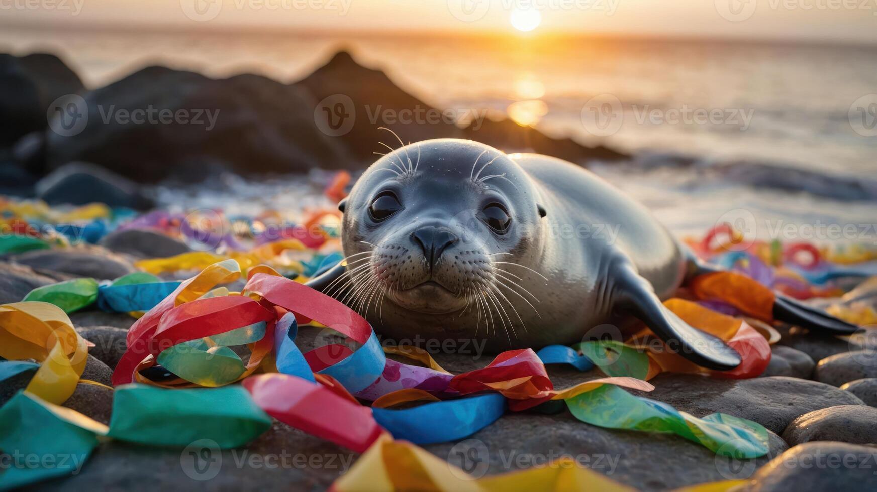A seal rests on a beach surrounded by colorful ribbons at sunset. photo
