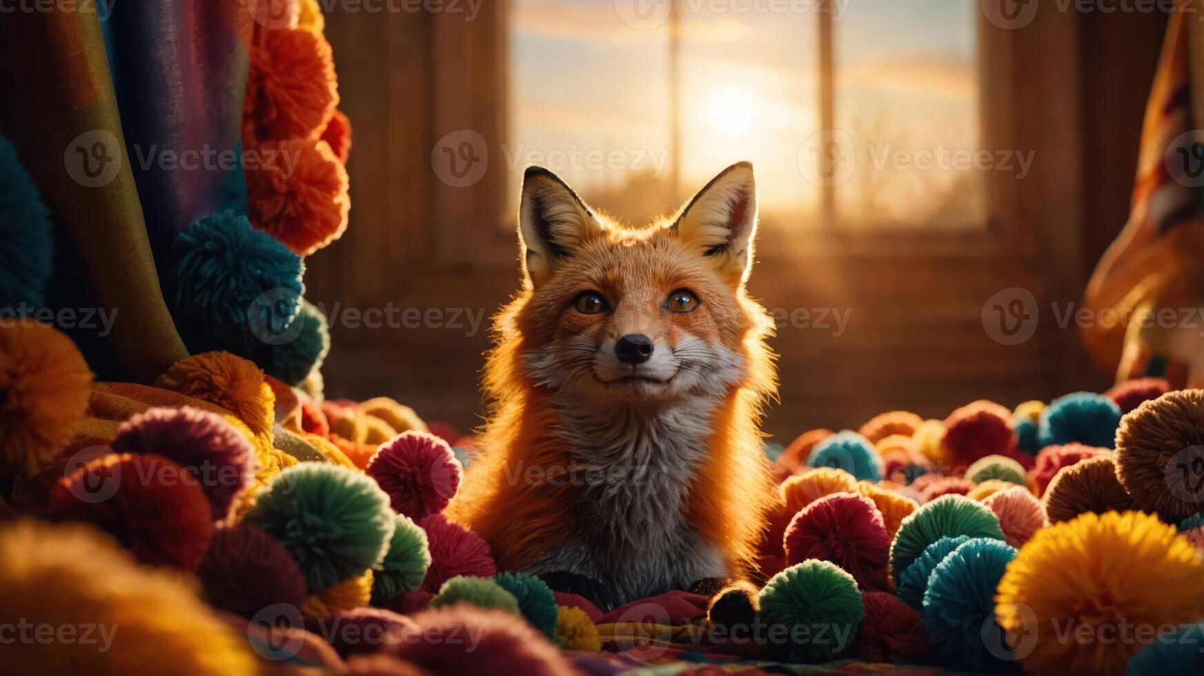 A fox sits among colorful pom-poms, illuminated by warm sunlight in a cozy setting. photo