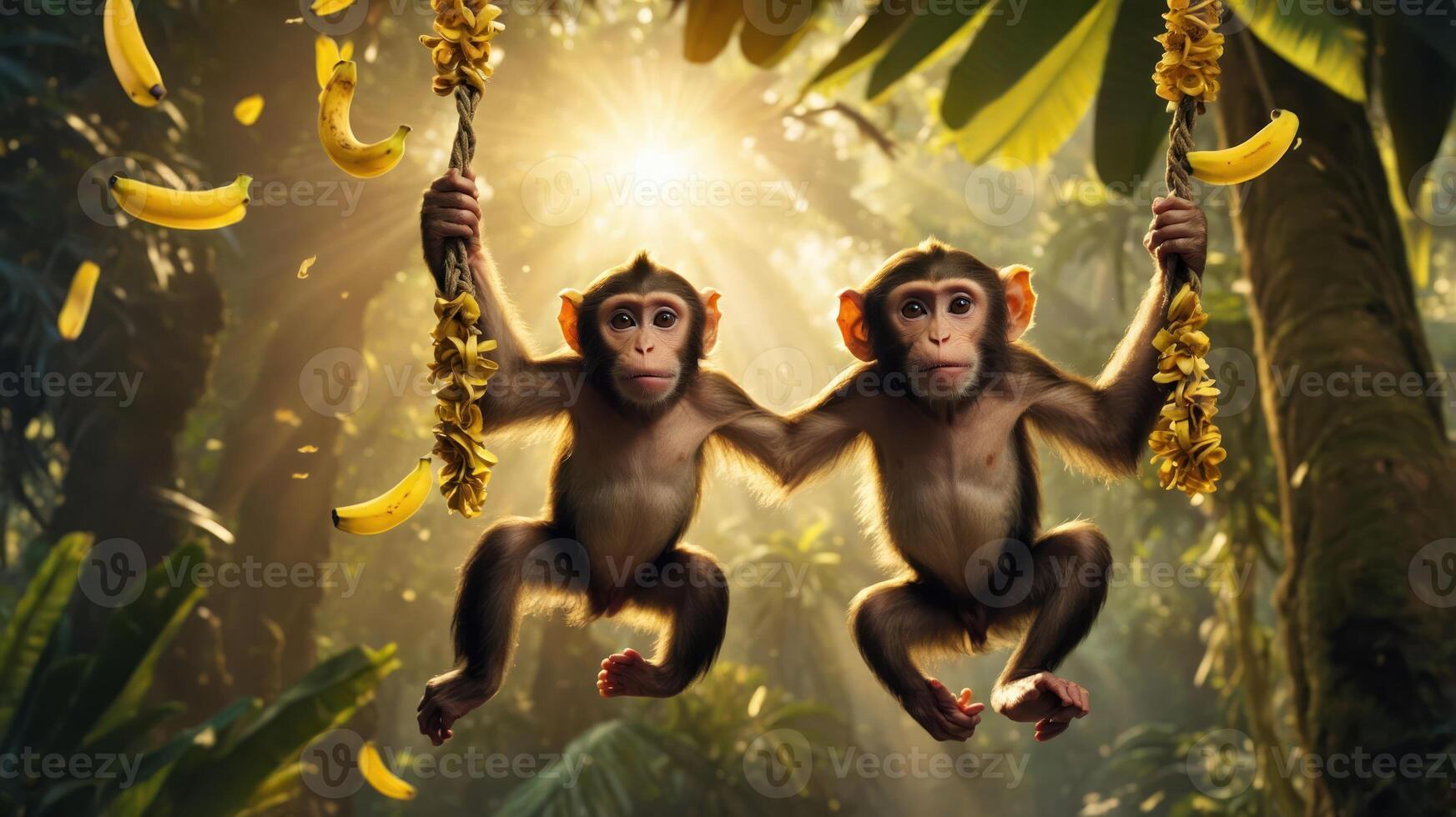 Two monkeys swinging together amidst a lush jungle filled with bananas and sunlight. photo