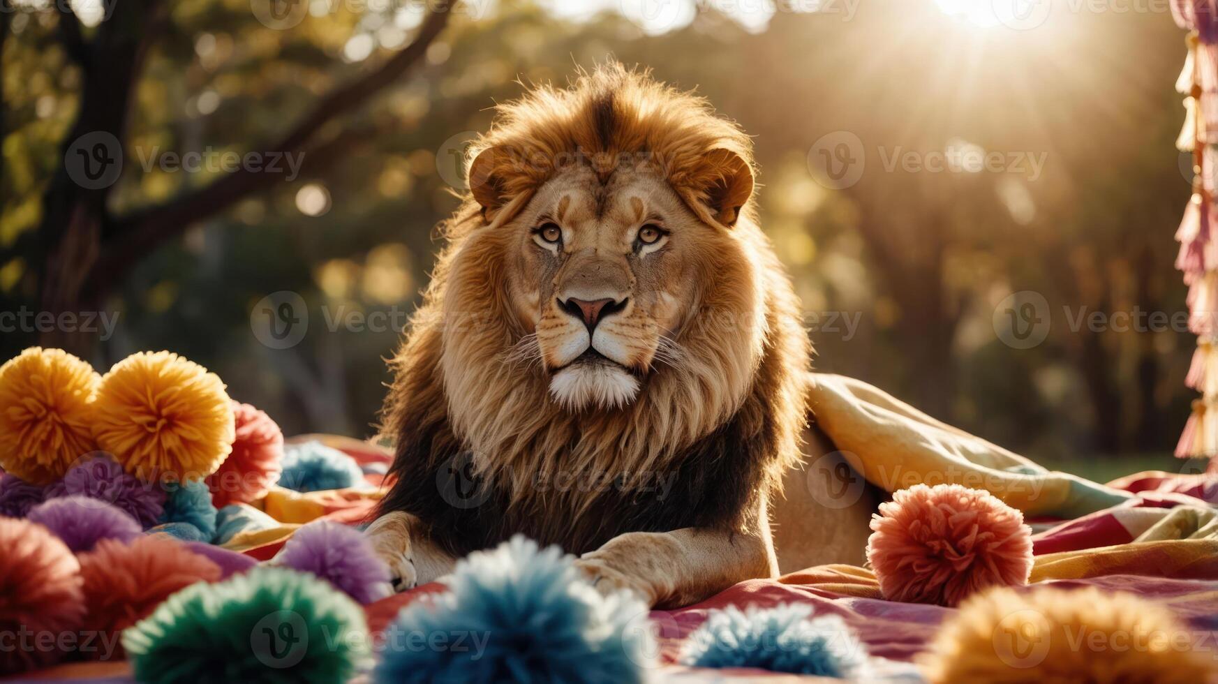 A lion rests on colorful pom-poms in a sunlit outdoor setting, exuding majesty and calm. photo