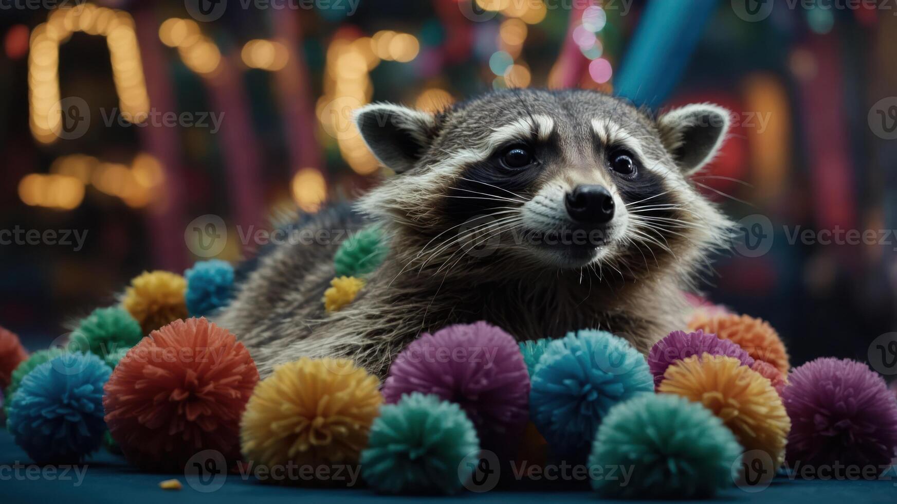 A raccoon surrounded by colorful pom-poms in a festive setting. photo