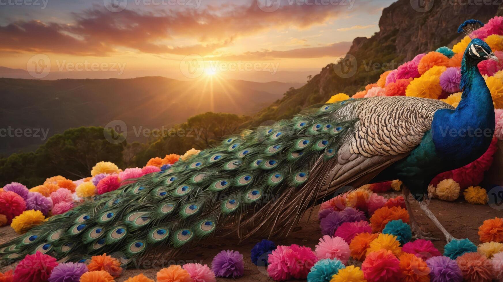 A peacock displays its vibrant feathers amidst colorful pom-poms at sunset. photo