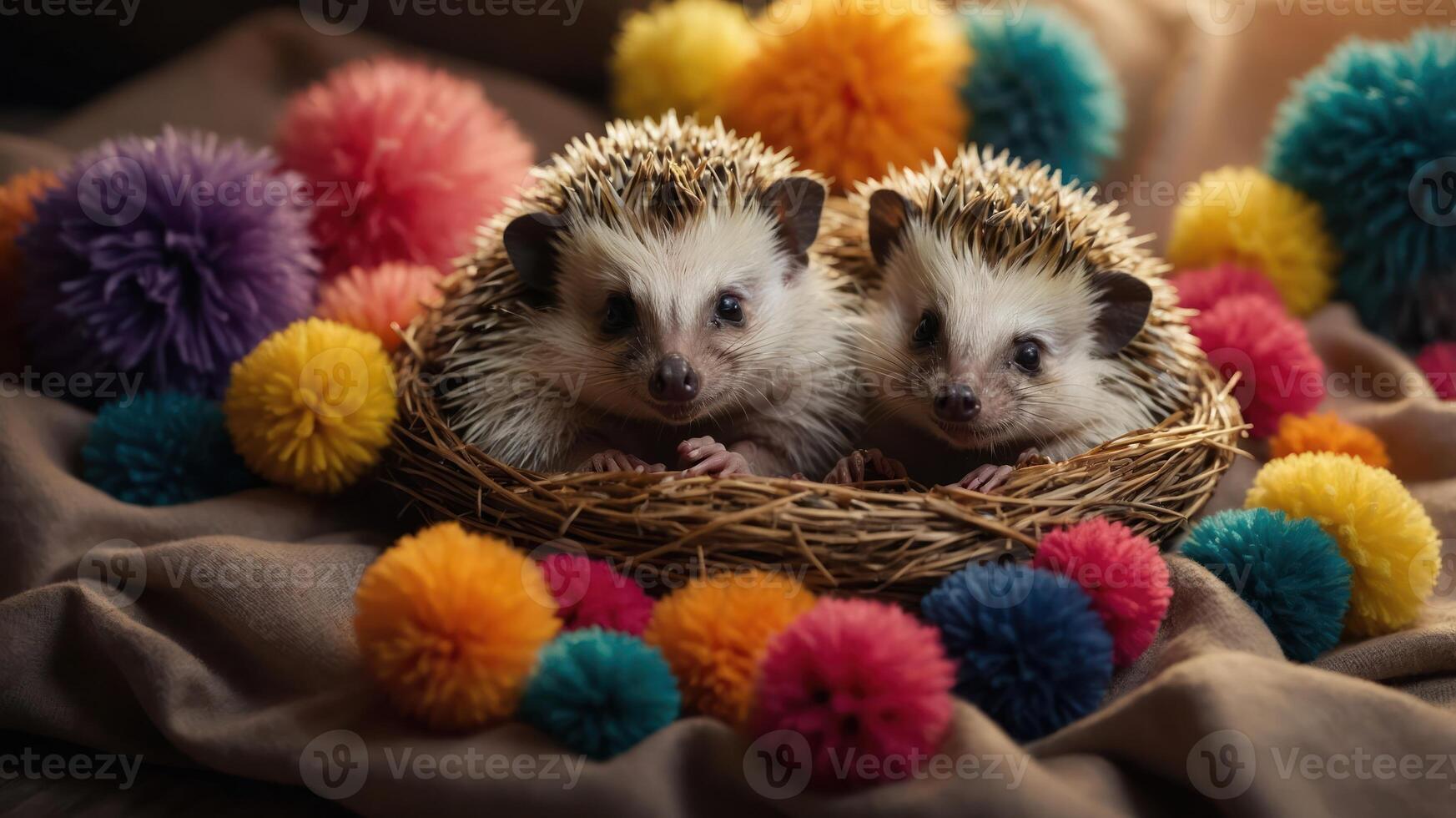 Two hedgehogs nestled in a nest surrounded by colorful pom-poms. photo