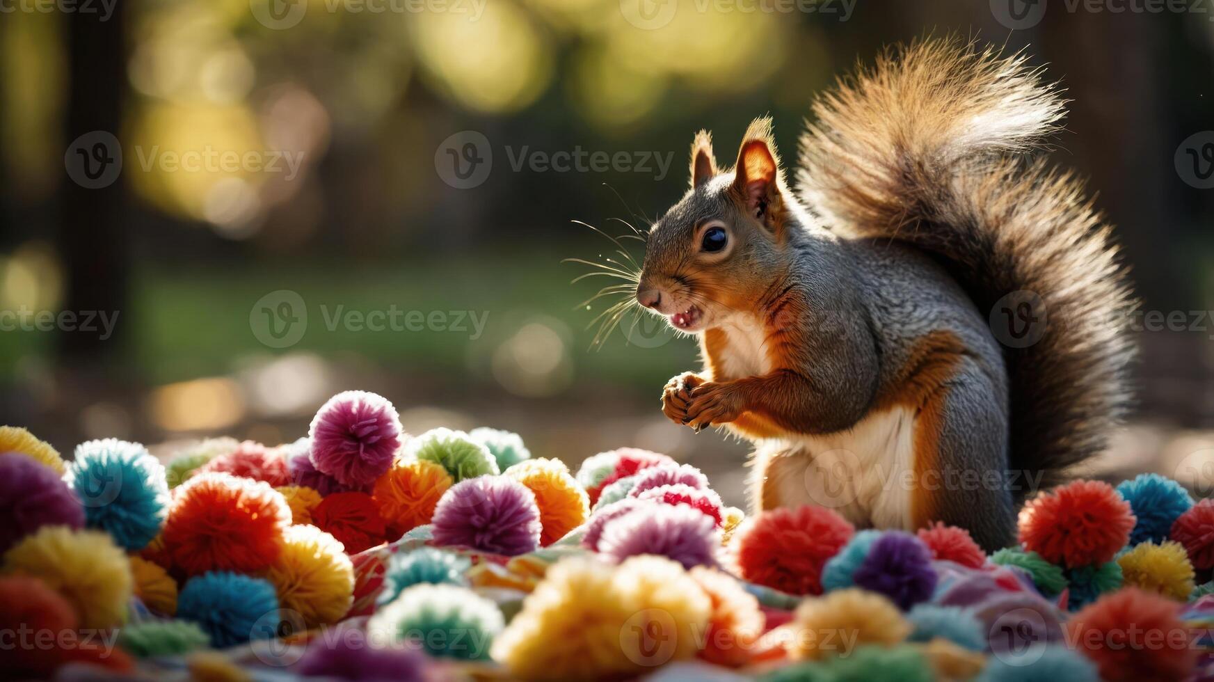 A squirrel playfully interacts with colorful pom-poms in a sunny outdoor setting. photo