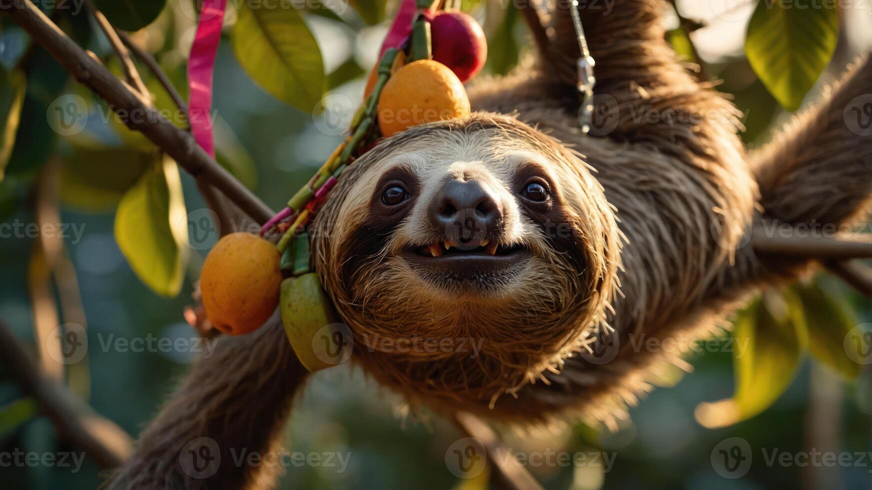 A cheerful sloth hanging from a tree, adorned with fruits, enjoying its vibrant surroundings. photo