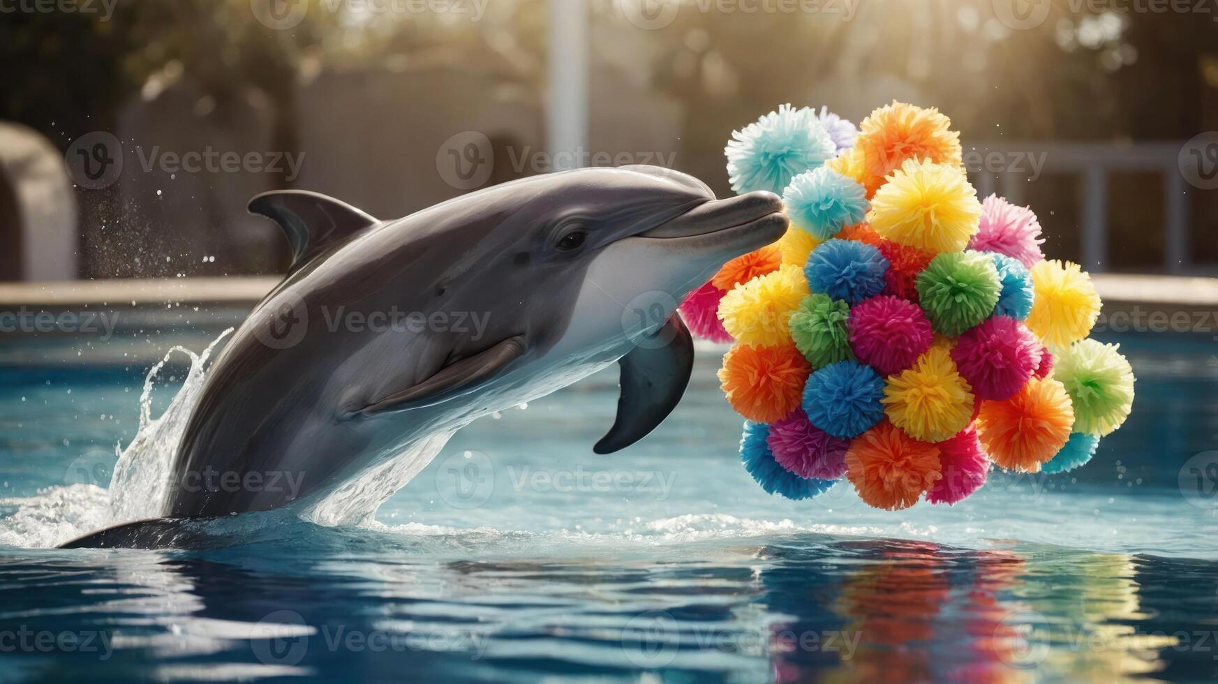 A dolphin joyfully leaps from the water, playing with a colorful pom-pom ball. photo