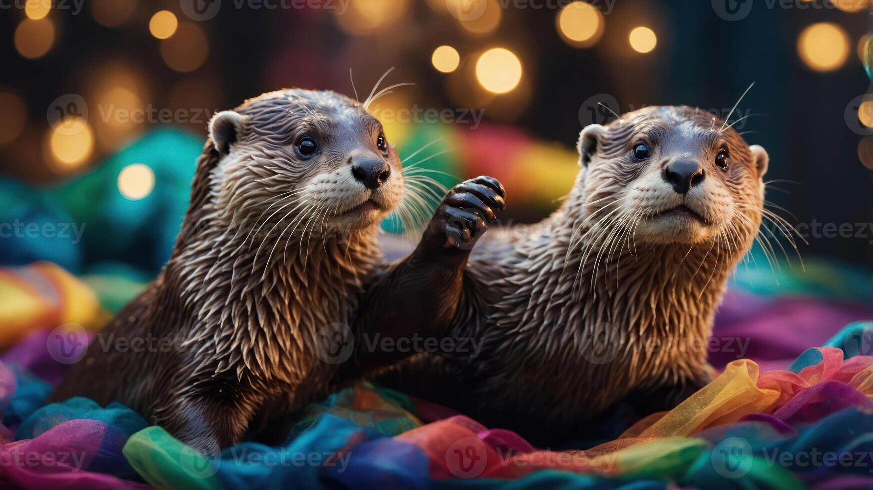 Two playful otters on a colorful background with soft lighting. photo