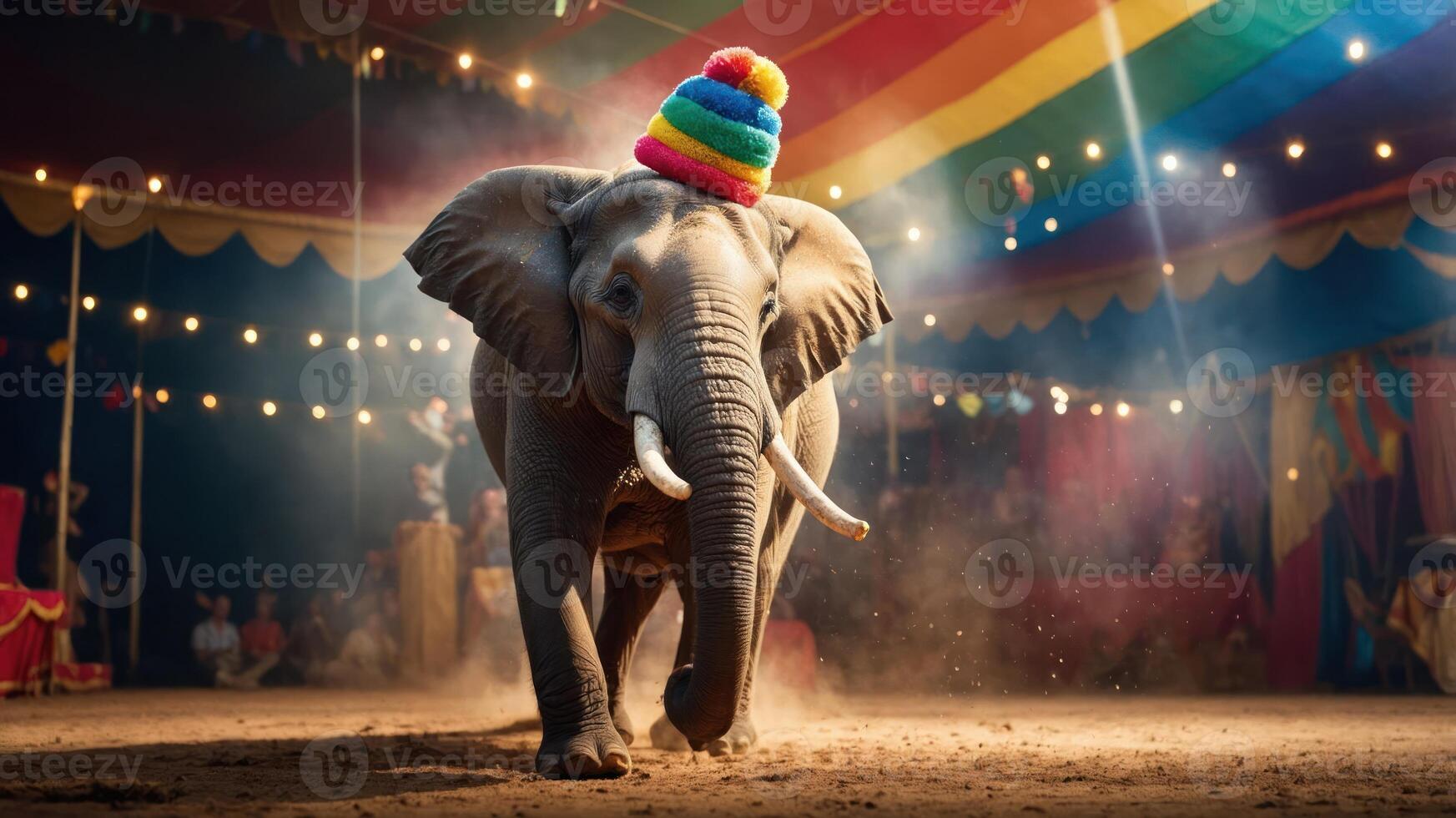 An elephant in a circus, wearing a colorful hat, performing under vibrant lights. photo
