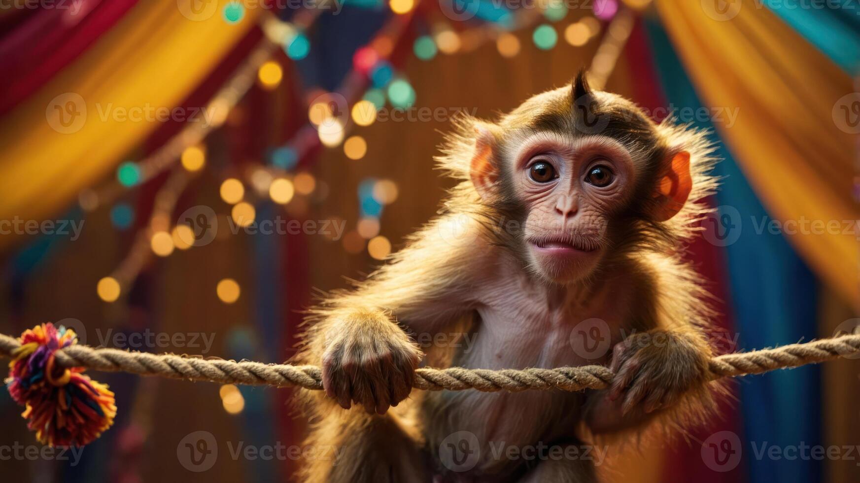 A young monkey hanging on a rope in a colorful, festive setting with lights in the background. photo
