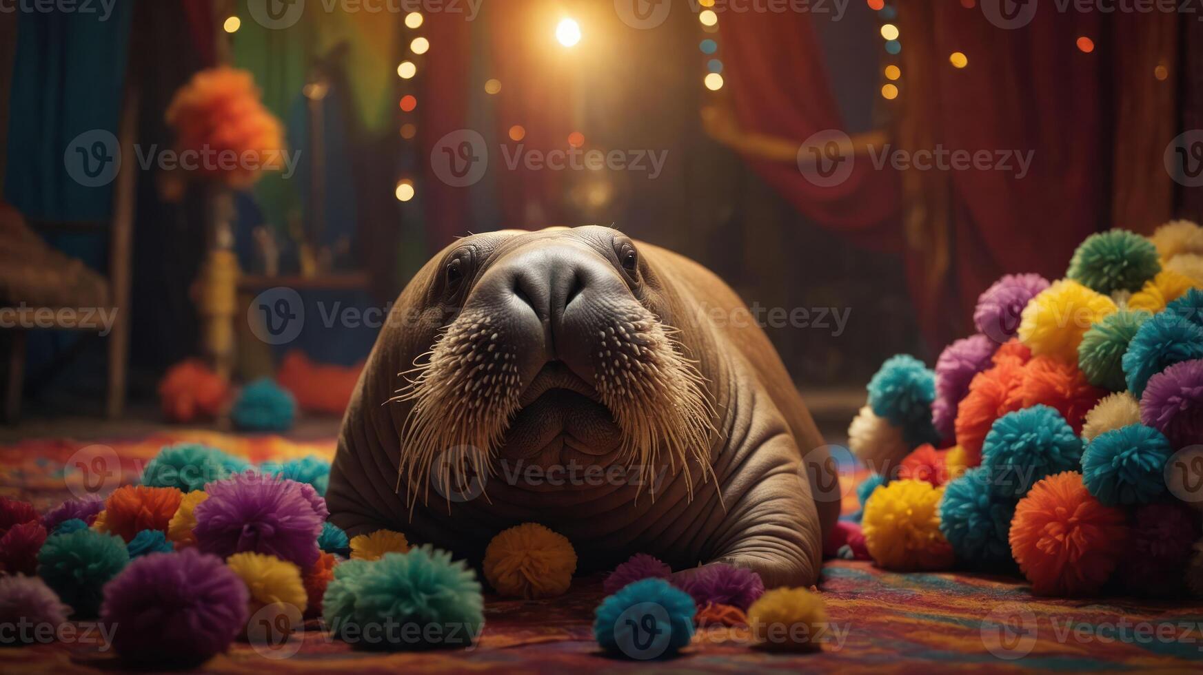 A walrus surrounded by colorful pom-poms in a vibrant, festive setting. photo