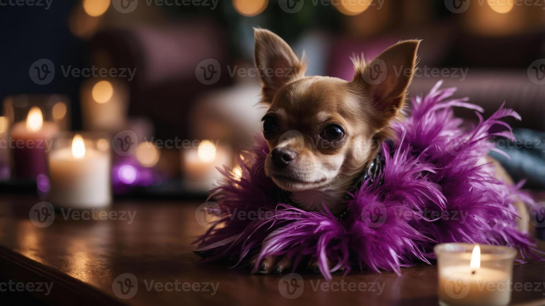 A Chihuahua wearing a purple feather boa lounges on a table with lit candles in the background. photo