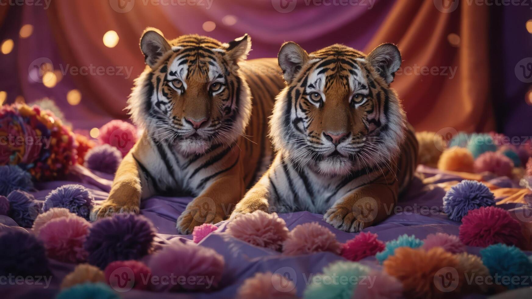 Two tigers lounging on a colorful backdrop with pom-poms, creating a playful atmosphere. photo