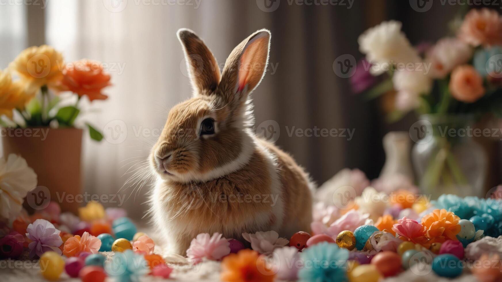 A rabbit surrounded by colorful flowers and decorative eggs, evoking a festive atmosphere. photo