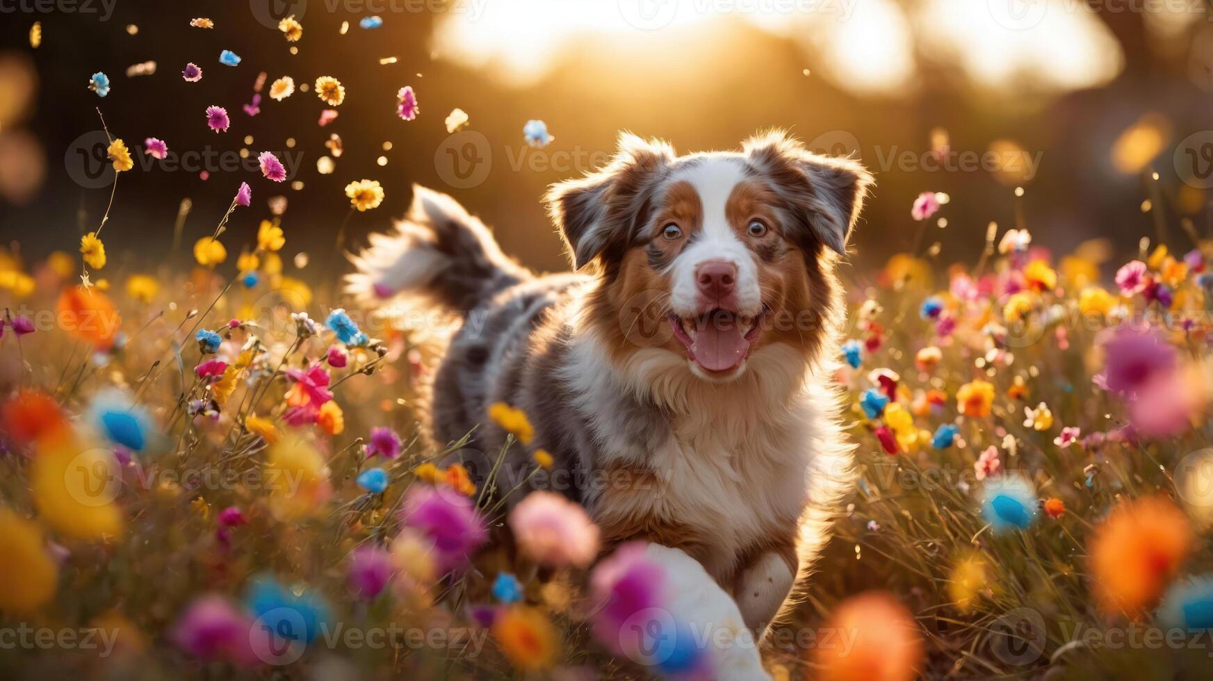 A joyful dog running through a colorful flower field during sunset. photo