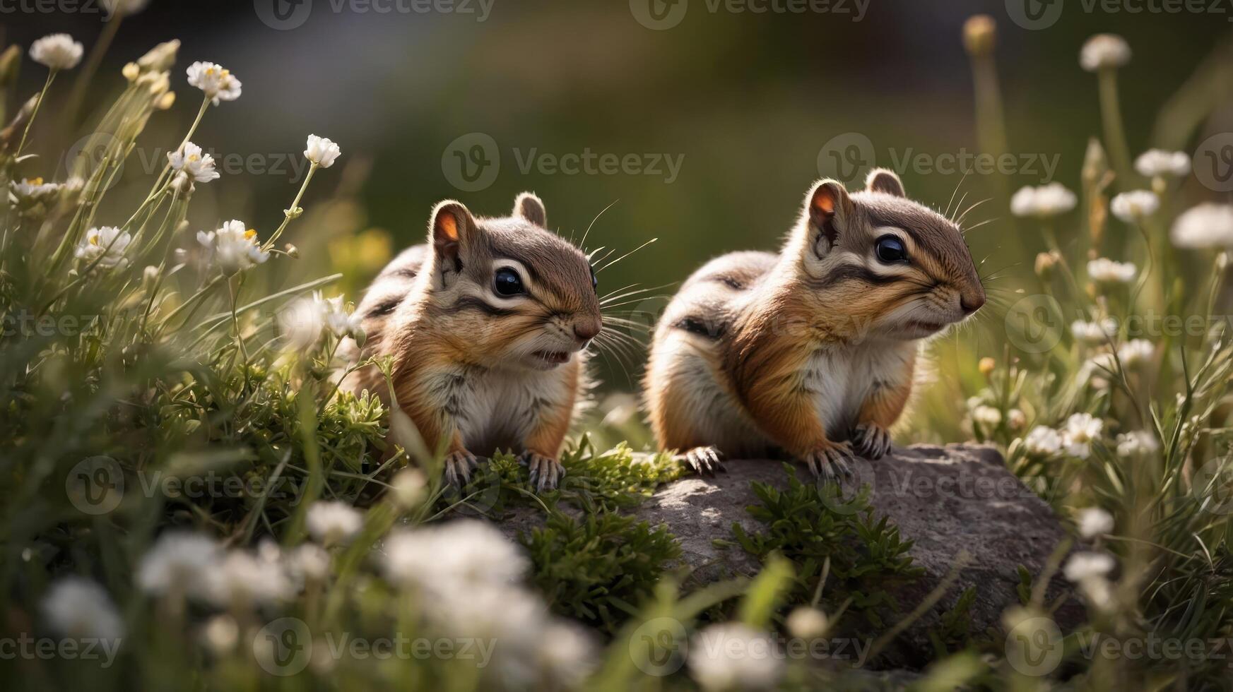 Two chipmunks sitting on a rock among flowers in a sunny environment. photo