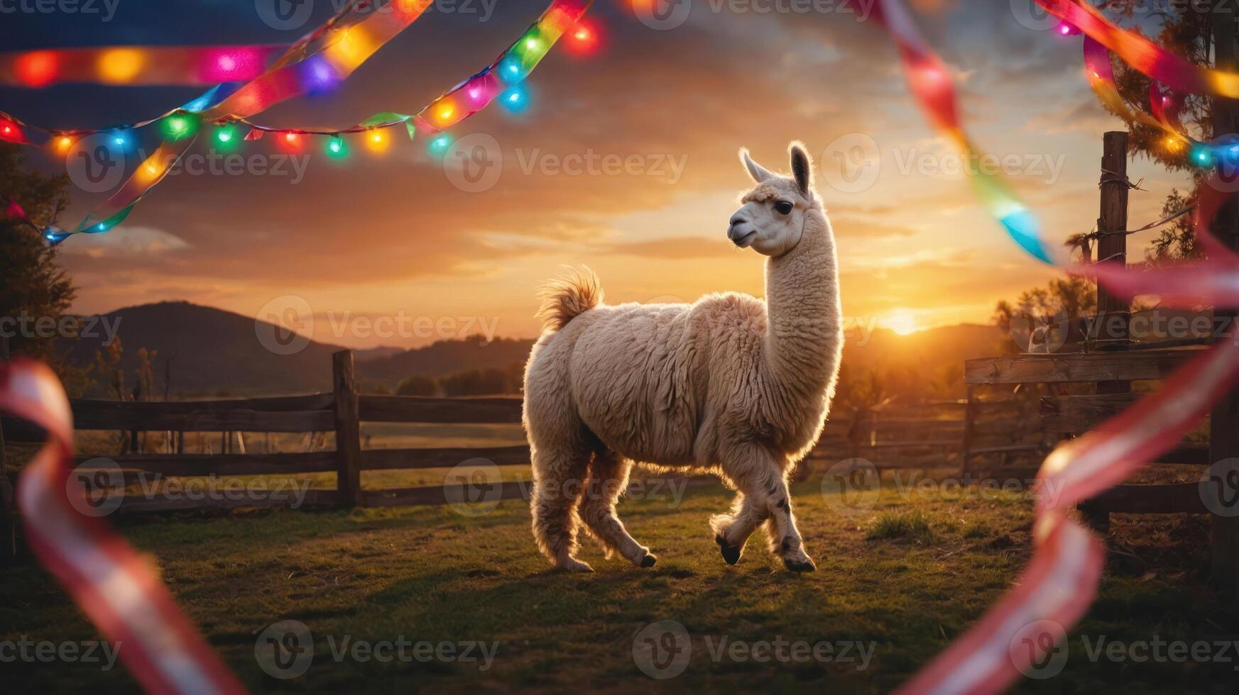 A llama walks in a vibrant landscape adorned with colorful lights at sunset. photo