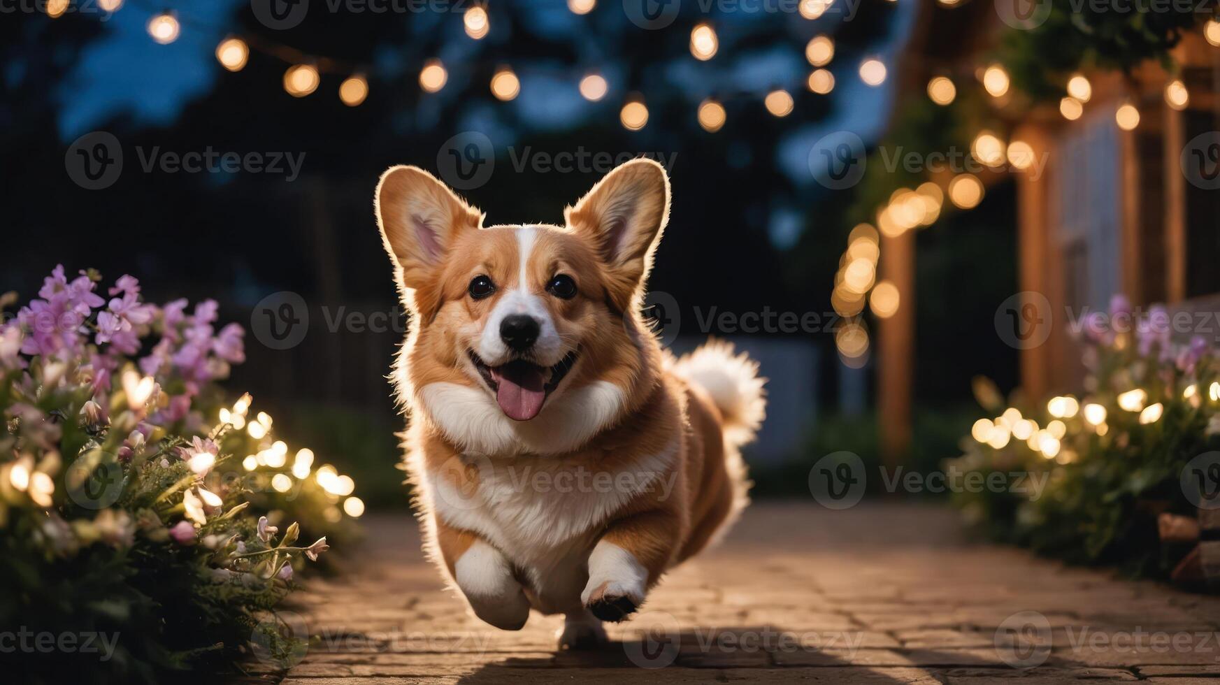 A joyful corgi running along a path adorned with flowers and string lights at night. photo