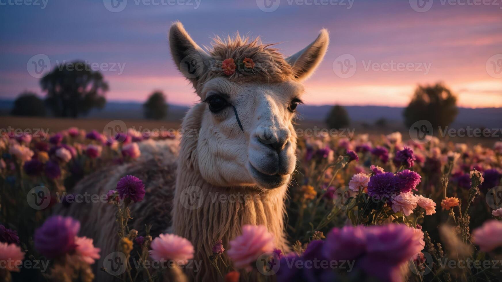 A llama with a flower in its fur, surrounded by colorful flowers at sunset. photo