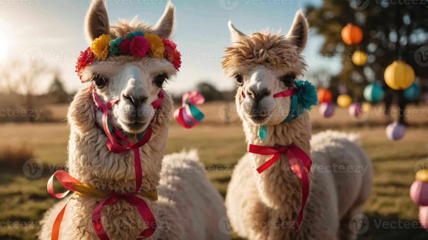 Two decorated llamas with colorful accessories in a sunny outdoor setting. photo