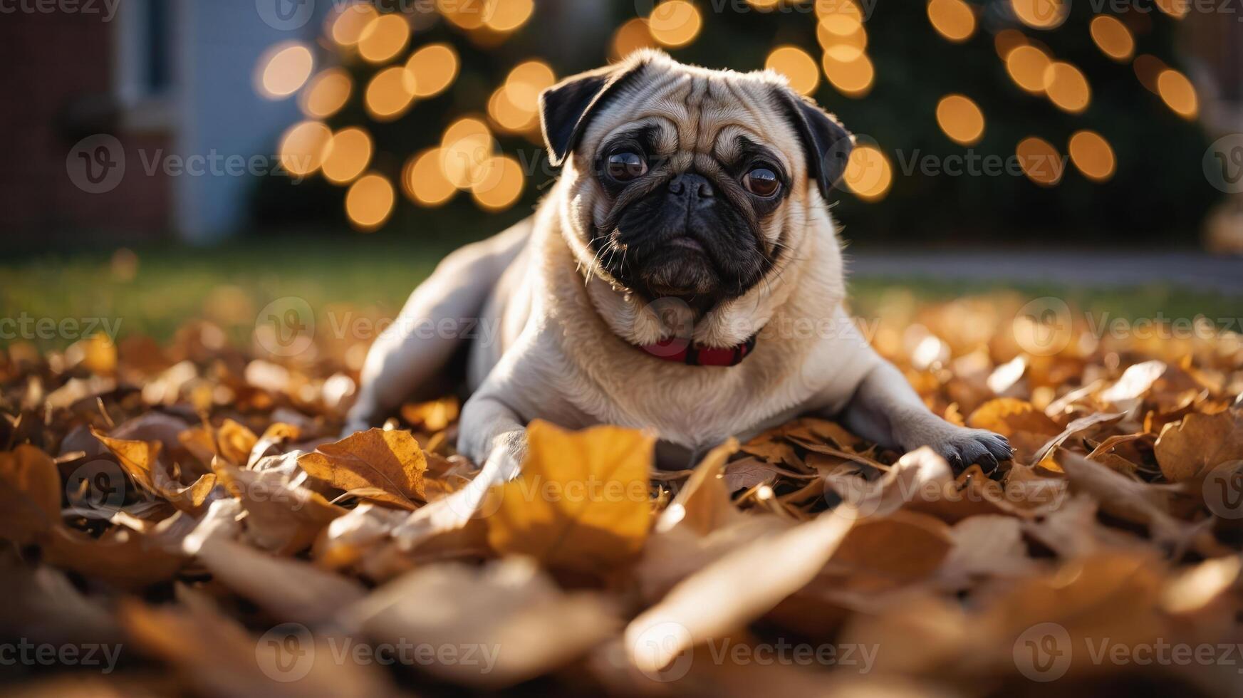 A pug lying on autumn leaves with a blurred background of lights. photo