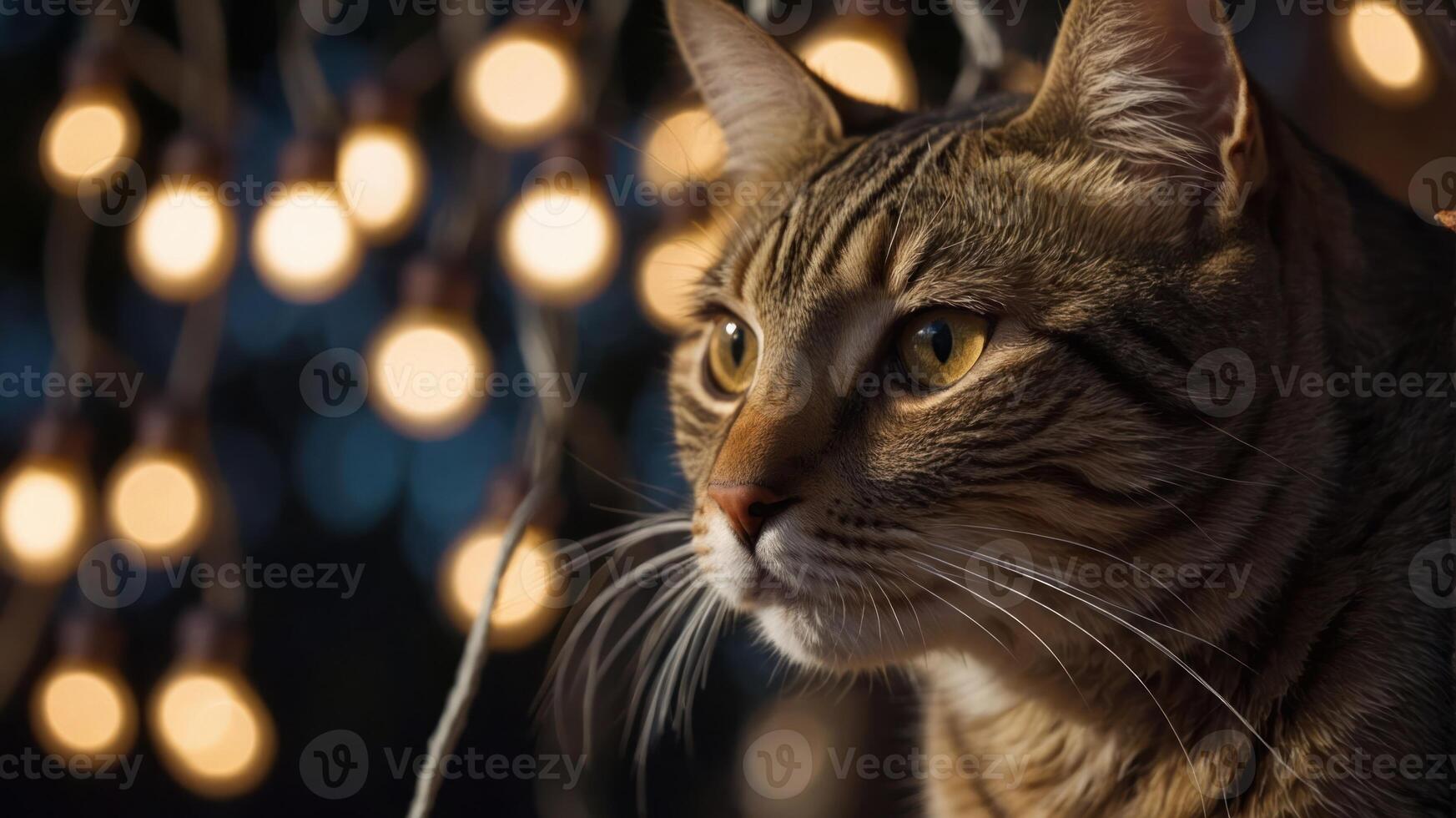 A close-up of a tabby cat with warm glowing lights in the background. photo